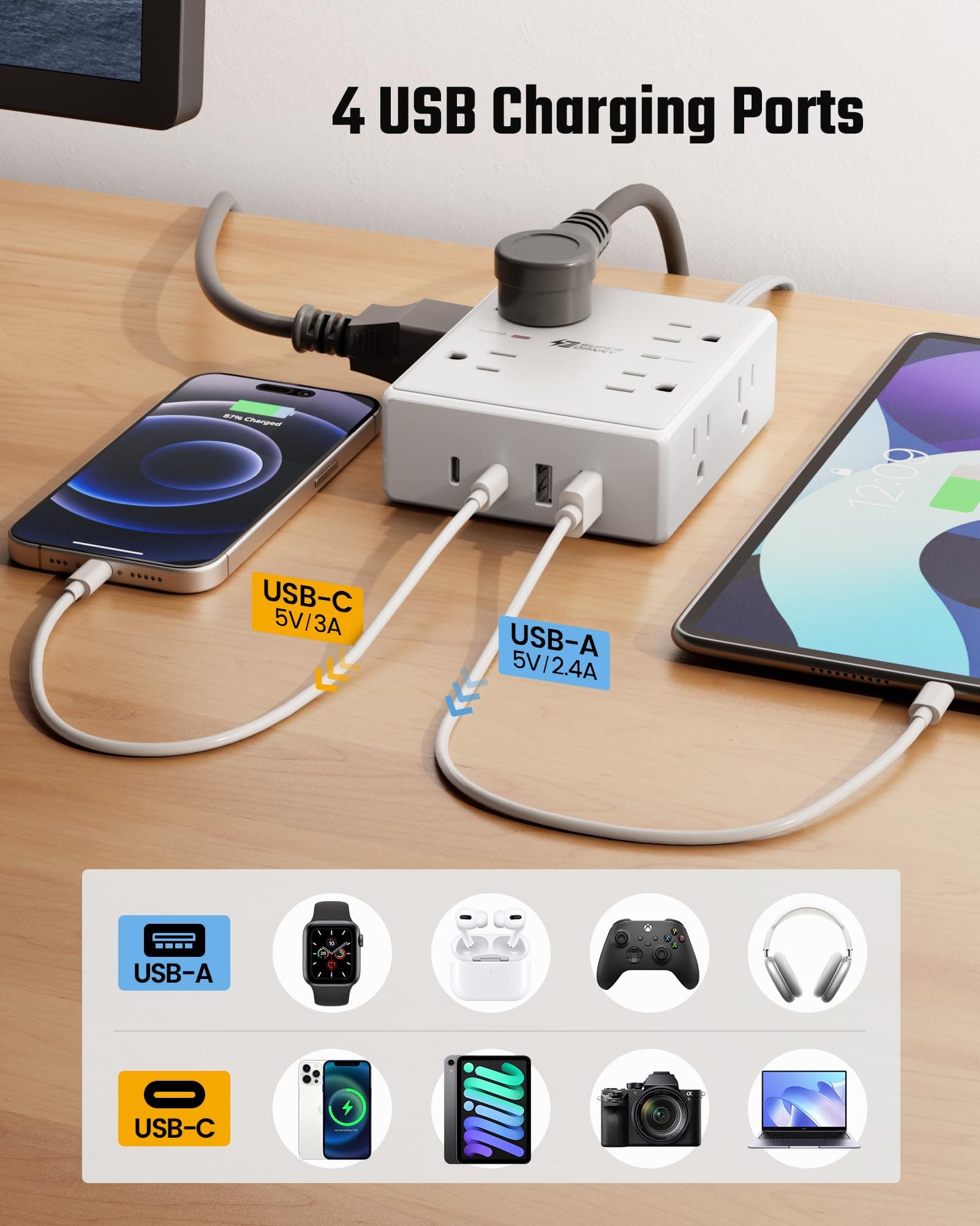 SUPERDANNY Extension Cord,Flat Plug Surge Protector Power Strip,10Ft, view 5