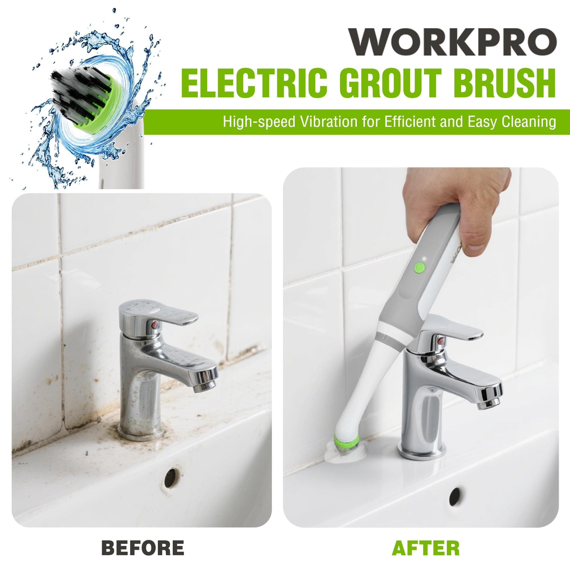WORKPRO Cordless Grout Brush Set, 5500RPM Power Scrubber, IPX6 Waterproof Electric Scrubber with Type-C Charging Cable and Replaceable Brush Heads for Cleaning Grout, Tiles, Grime, and Crevices, view 2