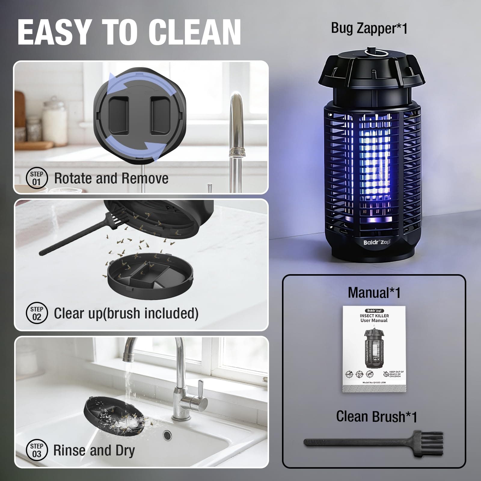 BALDR Bug Zapper Outdoor Indoor, 20W Power & 4200V Instant Grid Mosquito Repellent, Coverage of 1/2 Acre Fly Trap for Patio, Backyard, Home，2 Pack, view 6