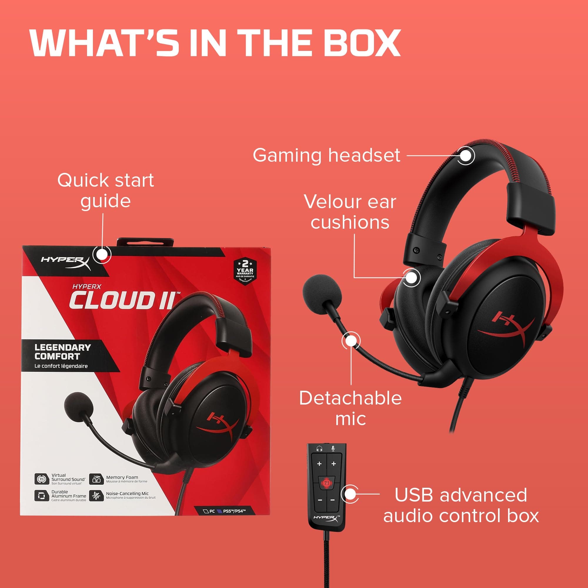 HyperX Cloud II Gaming Headset - 7.1 Surround Sound - Memory Foam Ear Pads - Durable Aluminum Frame - Multi Platform Headset - Works with PC, PS4, PS4 PRO, Xbox One, Xbox One S - Red (KHX-HSCP-RD), view 8