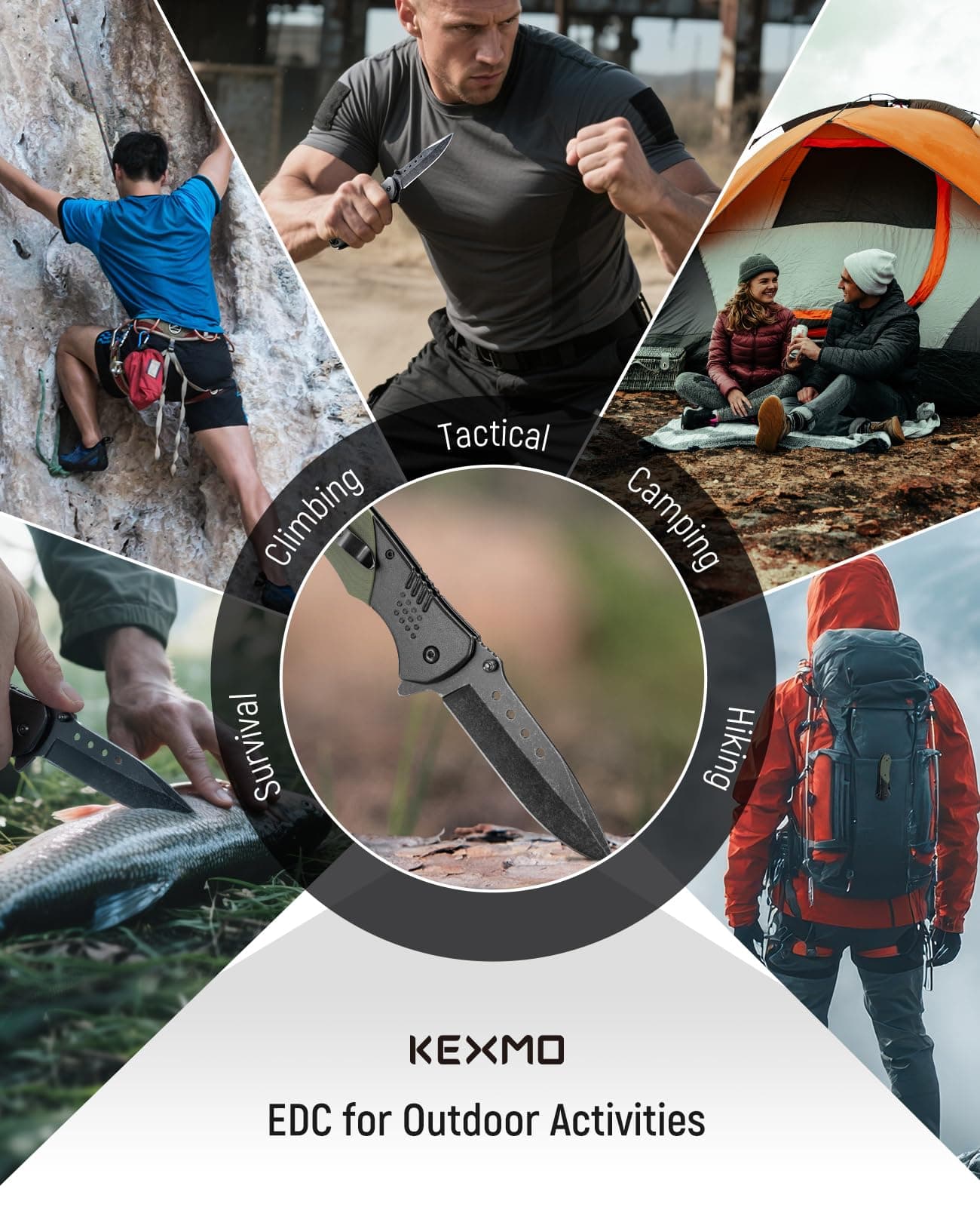 KEXMO Folding Pocket Knife with 3.46" D2 Steel Black Stone Wash Blade and G10 Handle Small Camping Knife for Men Women EDC Outdoor Survival Fishing, Green, view 7