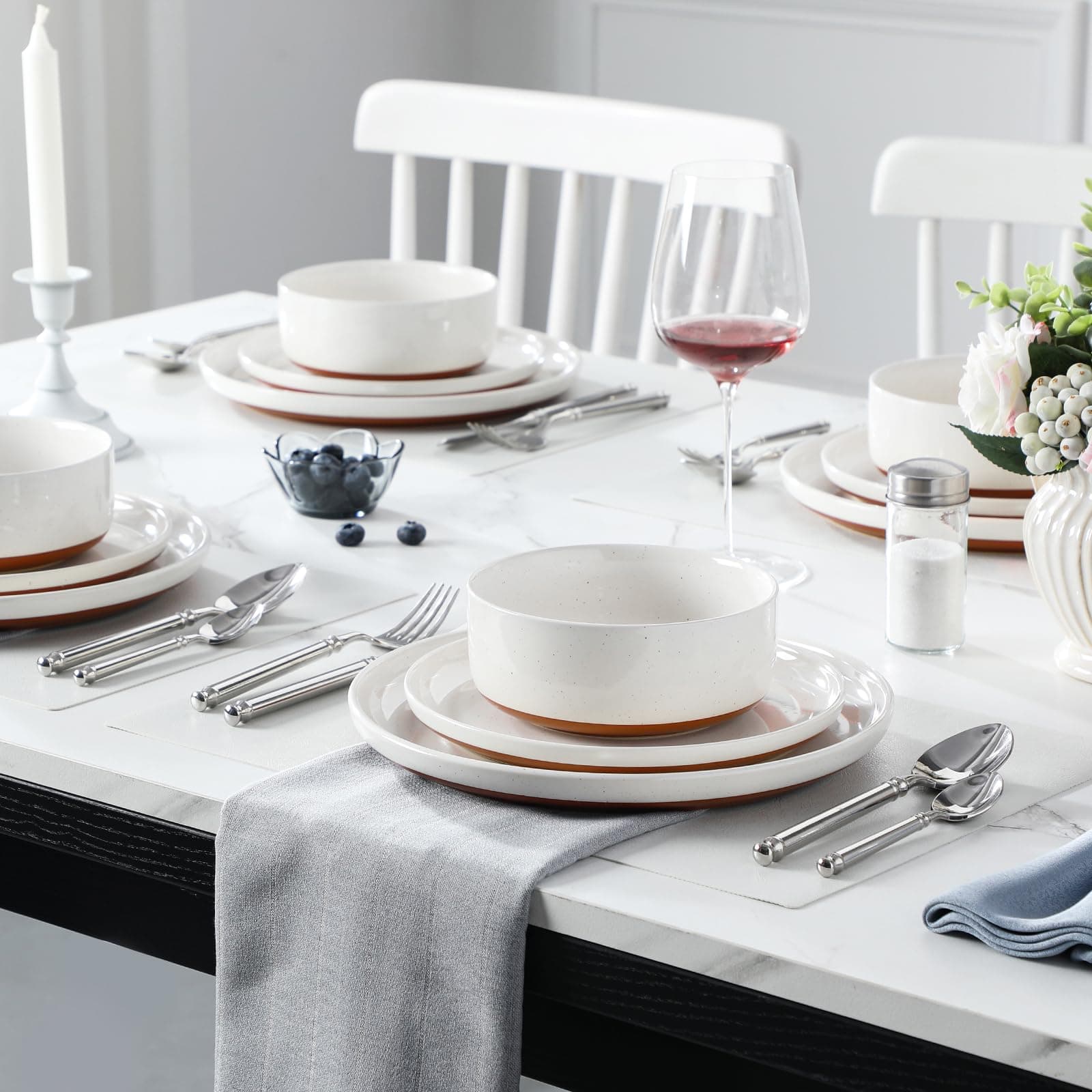 MALACASA Plates and Bowls Sets, 12 Pieces Modern Stoneware Dinnerware Set for 4 Kitchen Dinner Set Ceramic Dishware Dishes Set Microwave and Dishwasher Safe, White, Series TARA, view 5