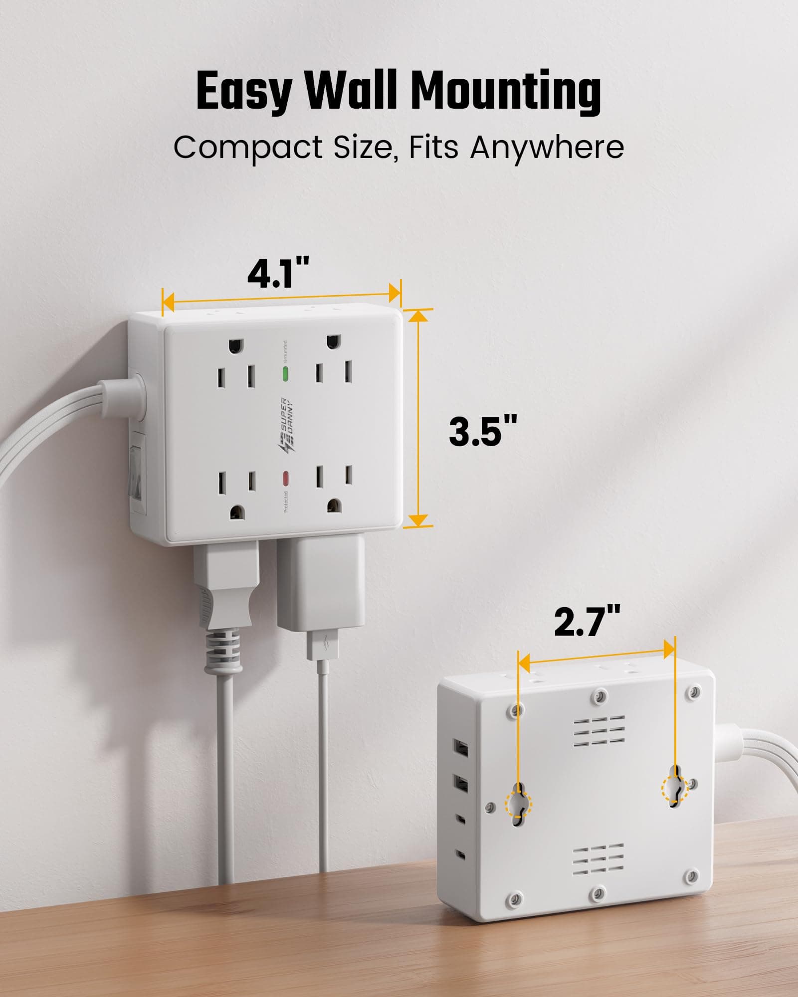 SUPERDANNY Extension Cord,Flat Plug Surge Protector Power Strip,10Ft, view 7