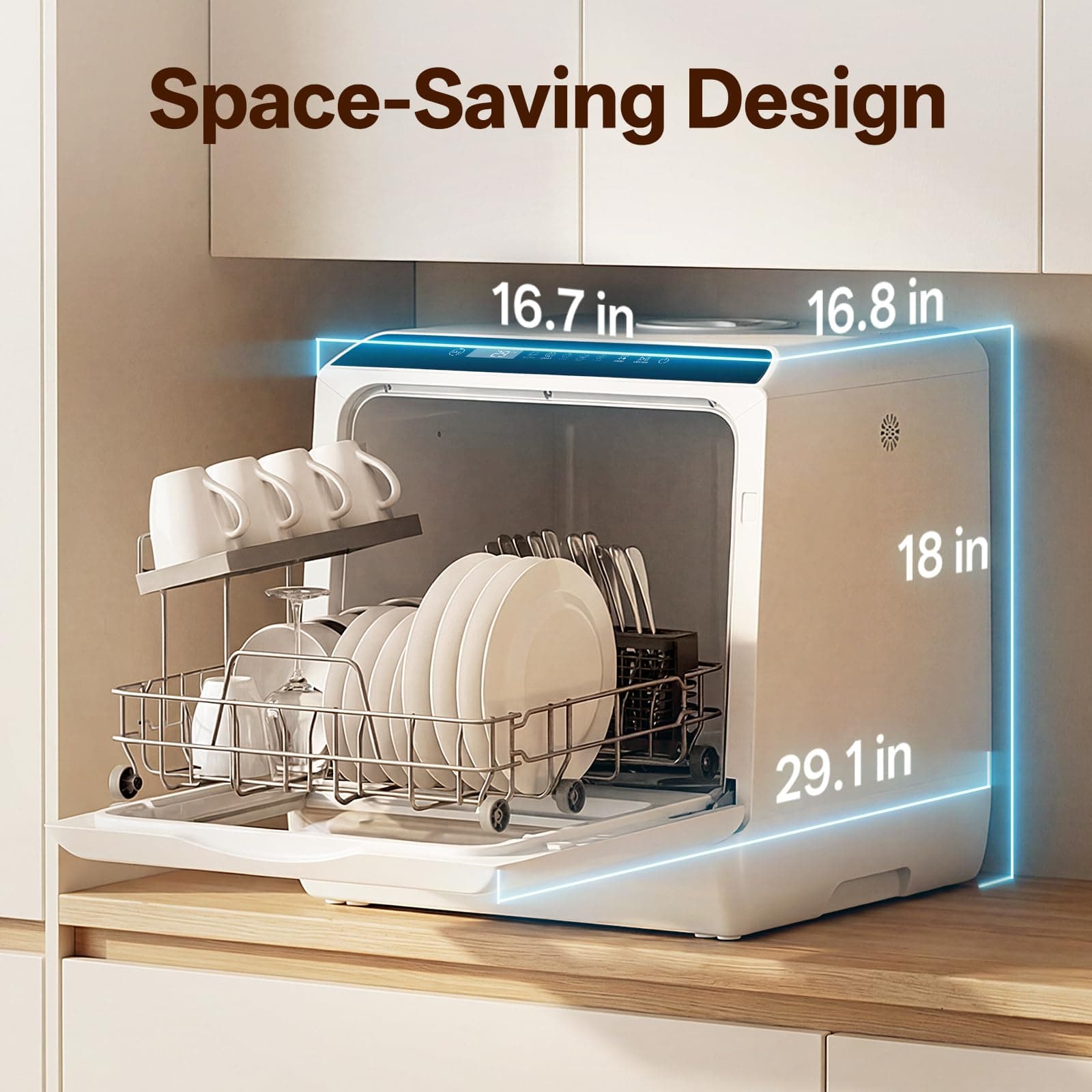 NOVETE Portable Countertop Dishwashers, Compact Dishwashers with 5L Built-in Water Tank & Inlet Hose, 5 Washing Programs, Baby Care, Air-Dry Function and LED Light for Small Apartments, view 2