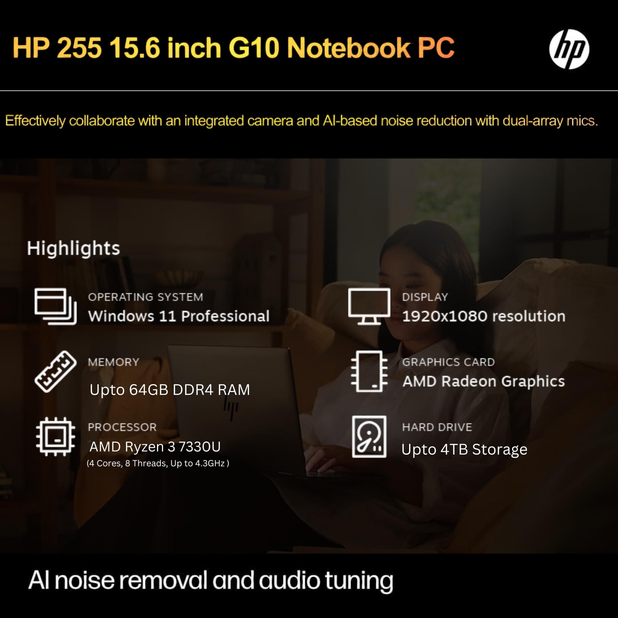 HP 255 G10 Laptop, 16GB RAM, 256GB SSD, Ryzen 3 7330U, 15.6" Full HD ASIN, view 5