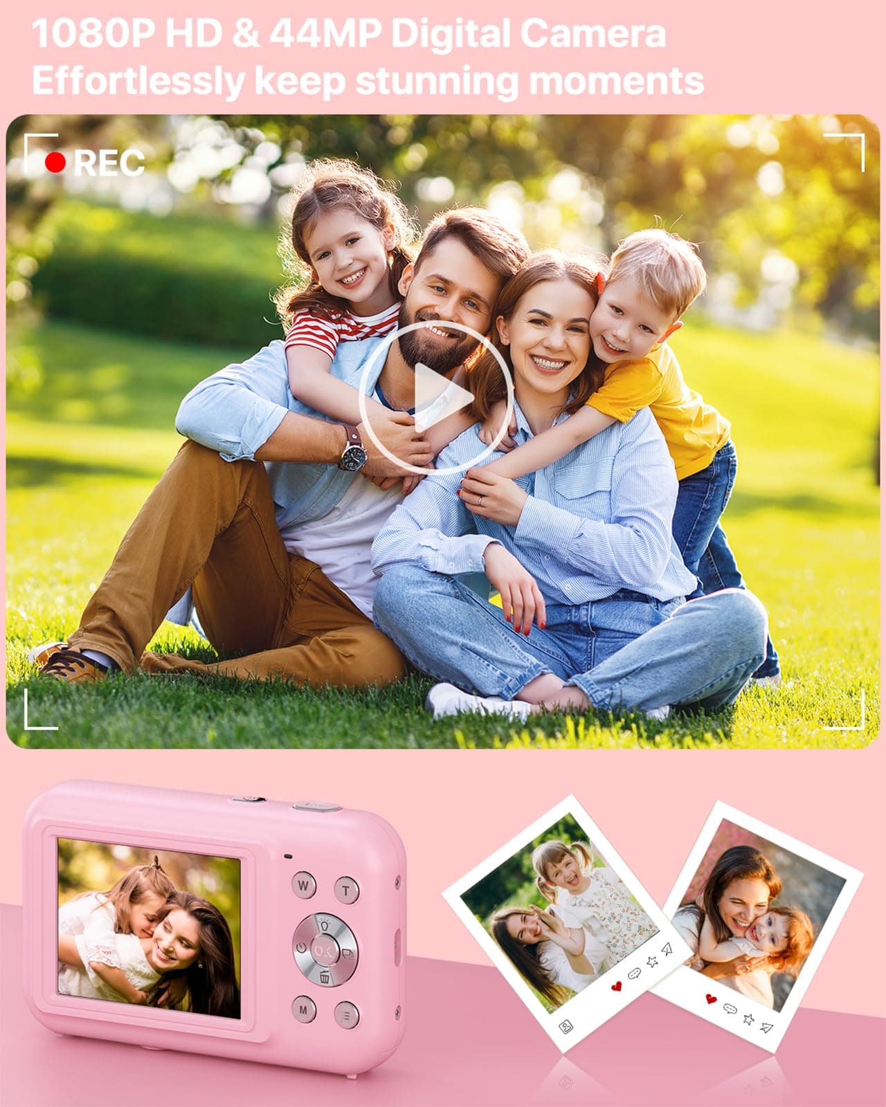 Digital Camera, Kids Camera with 32GB Card, FHD 1080P 44MP Vlogging Camera, 16X Zoom Point and Shoot Digital Camera Compact Portable Rechargeable Cameras for Teens Boys Girls Students Seniors-Pink, view 6