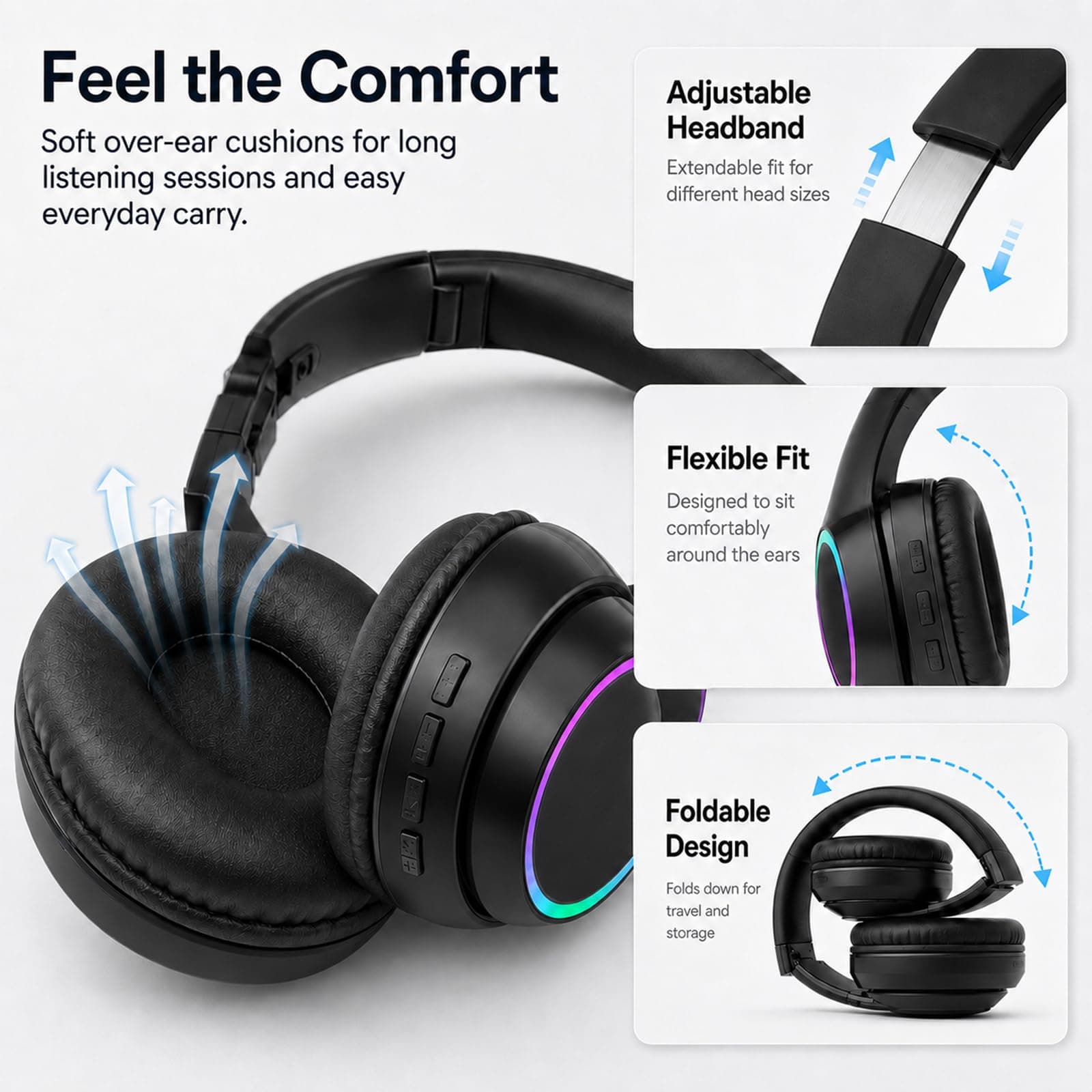 CYSRALFC Bluetooth Headphones, Over Ear Wireless Headphones, RGB Light, Foldable Lightweight Headset with Microphone, Wireless Headphones for Cell Phone, Music, Gaming, School, Home Office, view 4