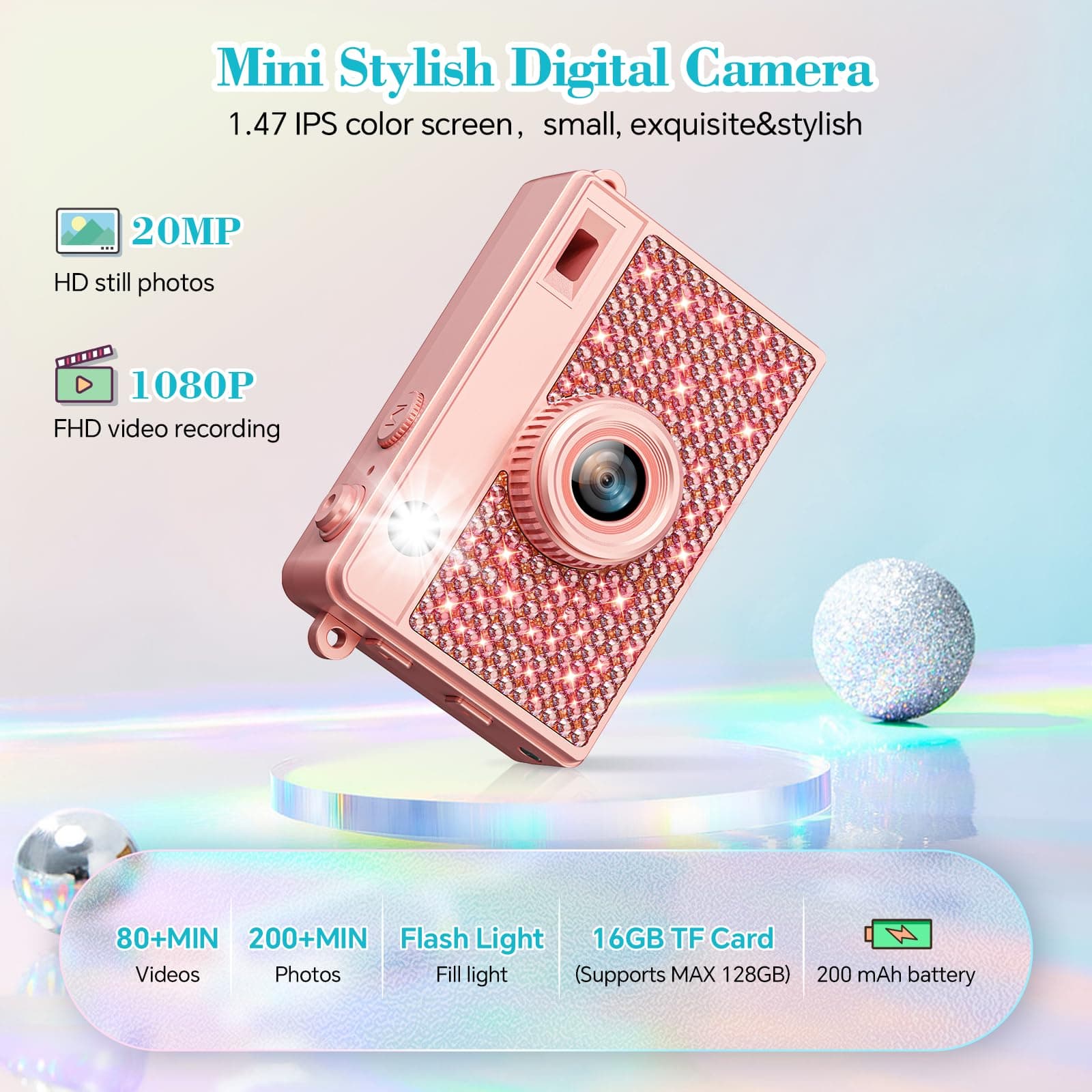 Trunsif Mini Camera - 2K Mini Digital Camera with 16GB Card,Long Battery Life,Travel Vlog & Photo Shooting Anytime,Fashion Accessories,Necklace & Keychain Camera,Gifts for Friends and Women,Rose Gold, view 2