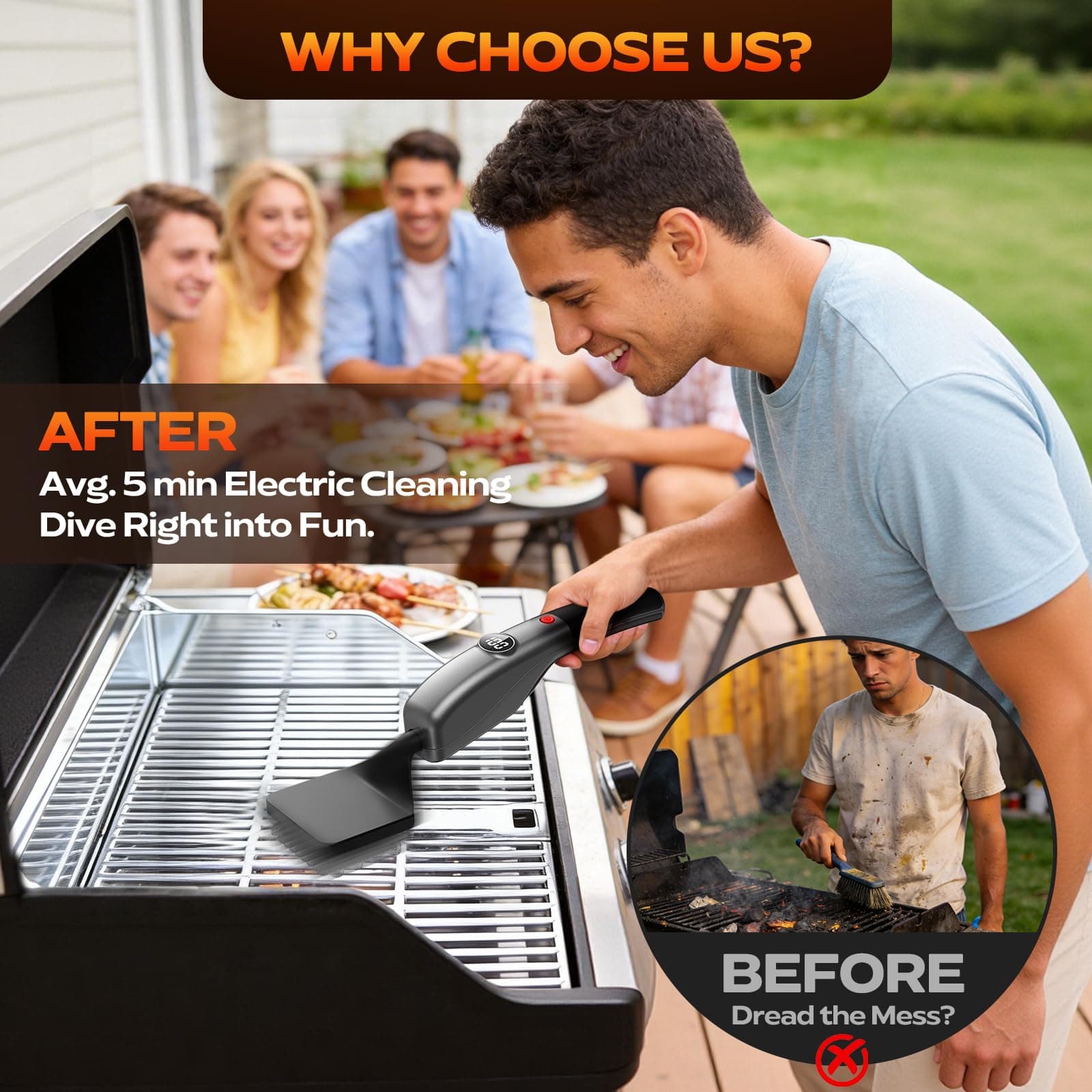 Reciprocating Electric Grill Brush, Fire-Resistant BBQ Grill Brush, Bristle-Free Grill Brush for Outdoor Grill, Grill Cleaner with 3 Heads, Grill Cleaning Brush with 3600 mAn, Silver, view 7