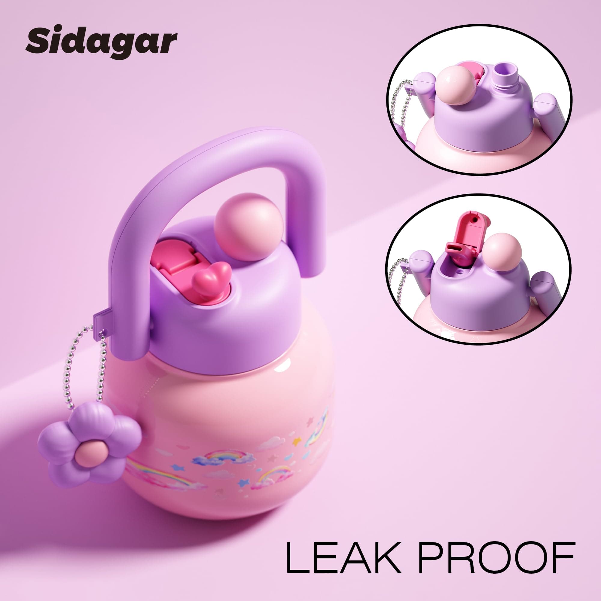 Sidagar 22 oz Tote Insulated Water Bottle with Handle, Leakproof, Rainbow, view 3