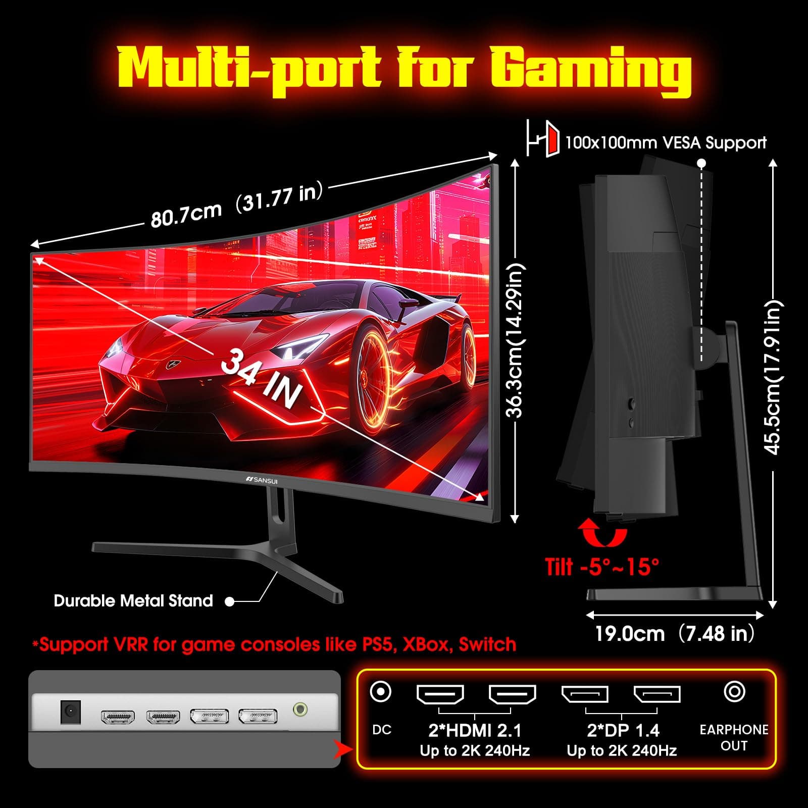 SANSUI 34 Inch Curved Monitor 240Hz UWQHD 3440×1440 Gaming Monitor, view 9