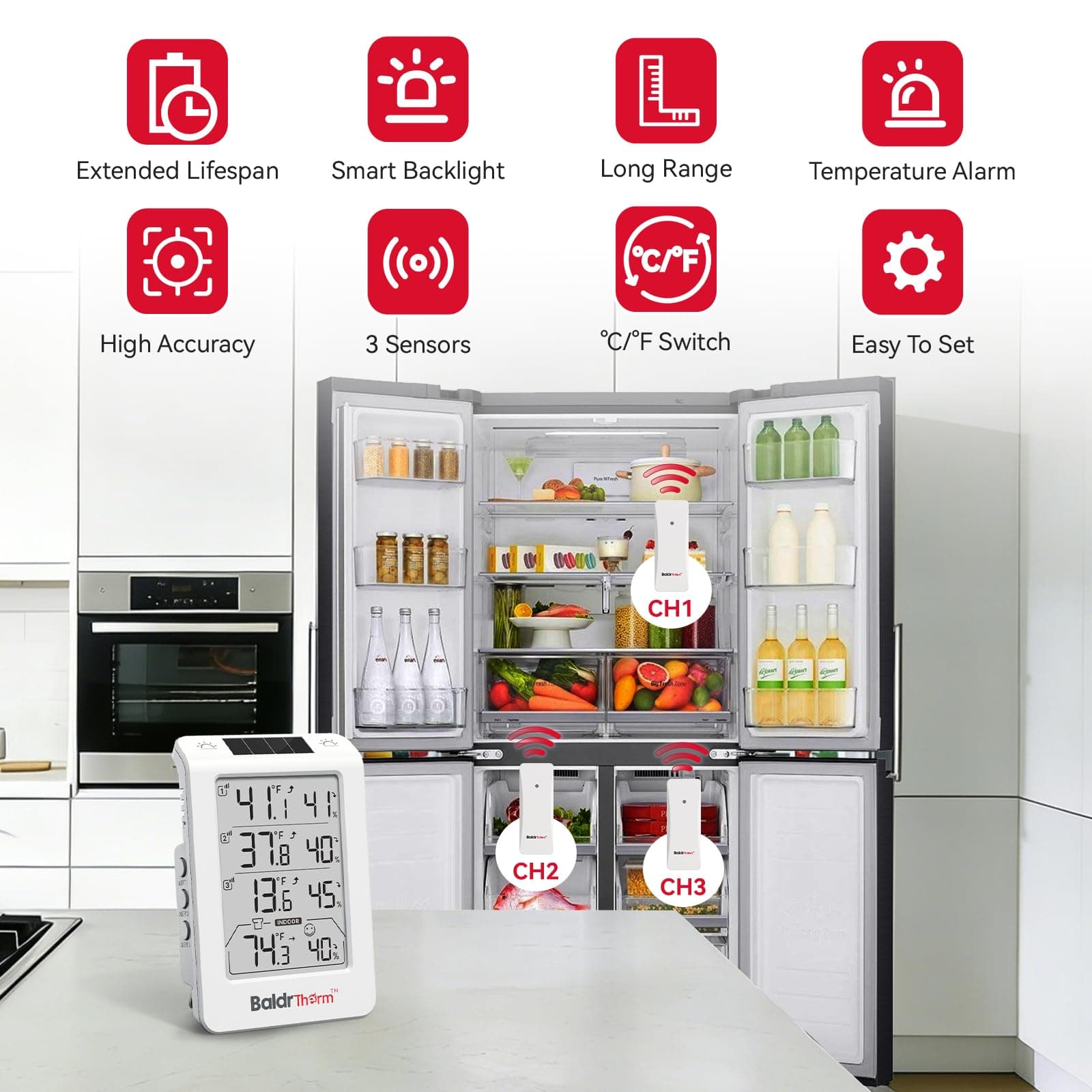 Wireless Freezer Monitor with 3 Sensors, 328ft Long Range Digital Refrigerator Thermometer with Min/Max Temp and Smart Adjustable Backlight, for Home, Garage & Breast Milk, White, view 4