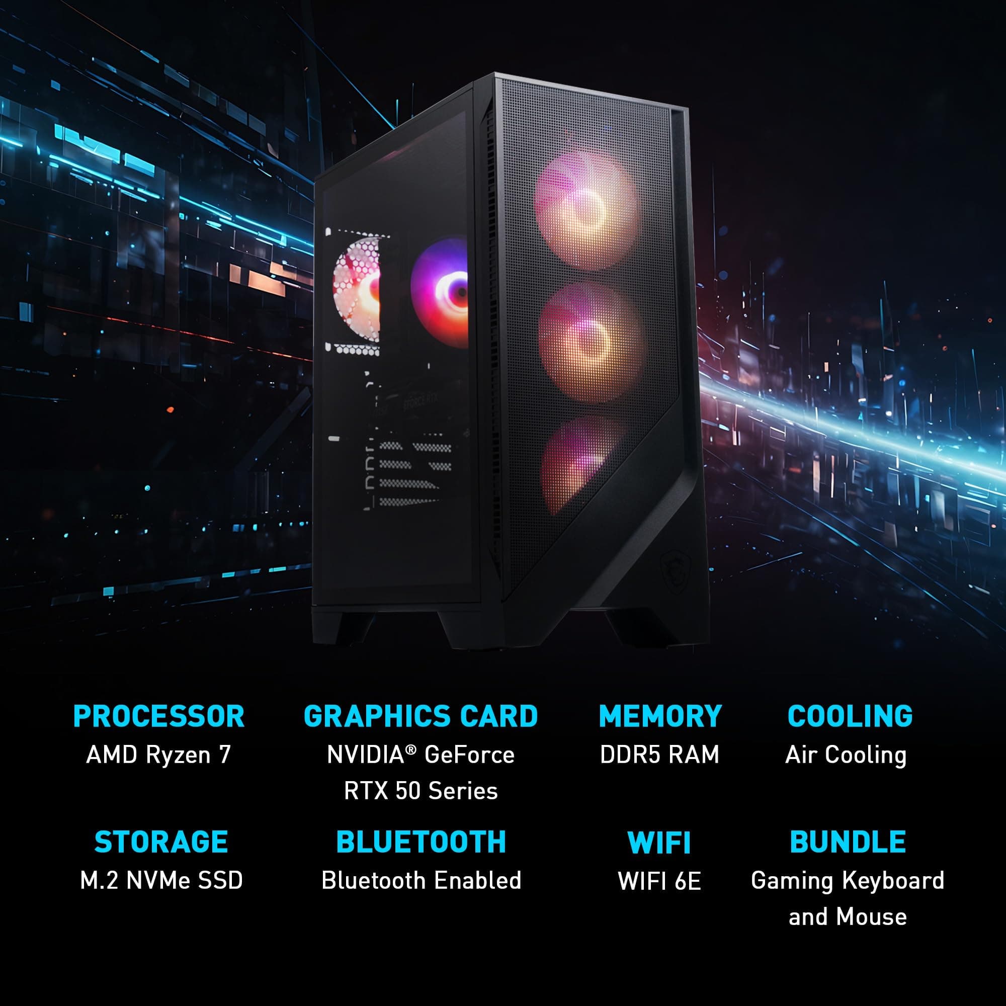 msi Codex Z2 Gaming Desktop: AMD R7-8700F, GeForce RTX 5070, 32GB DDR5, 2TB m.2 NVMe SSD, USB Type-C, VR-Ready, Windows 11 Home : A8NVP-436US, view 5
