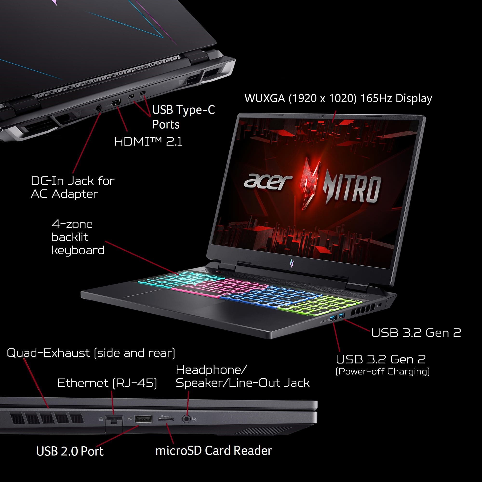 acer Nitro 16 Gaming Laptop | AMD Ryzen 7 7840HS OctaCore CPU | NVIDIA GeForce RTX 4060 Laptop GPU | 16" WUXGA 165Hz IPS Display | 16GB DDR5 | 1TB Gen 4 SSD | WiFi 6E | RGB Backlit KB | AN16-41-R4CY, view 9