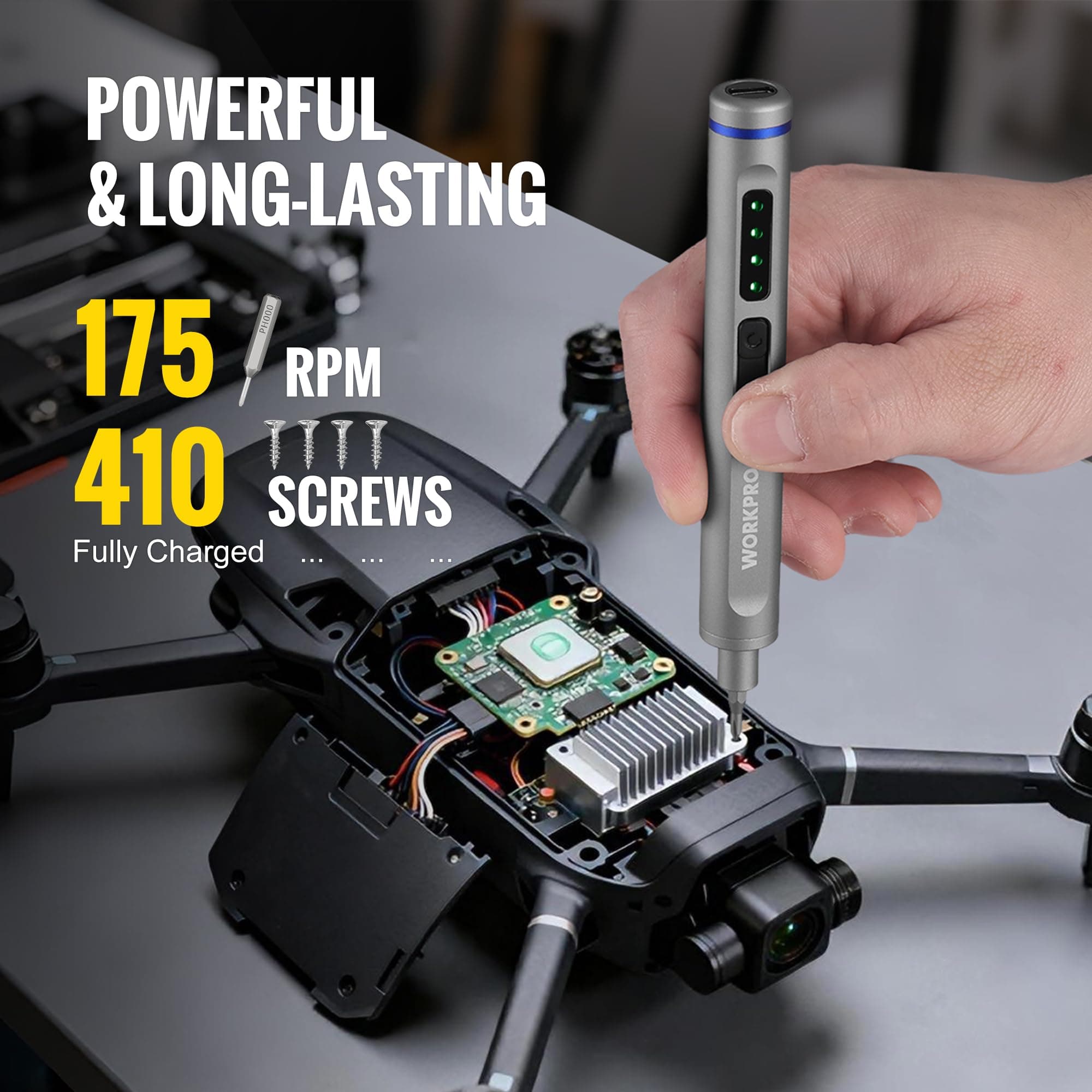 WORKPRO Mini Electric Screwdriver with Magnetizer, 36 S2 Steel Bits & 2 Pry Bars, 3.7V Rechargeable Precision Screwdriver Set for Phone Camera Laptop, view 2