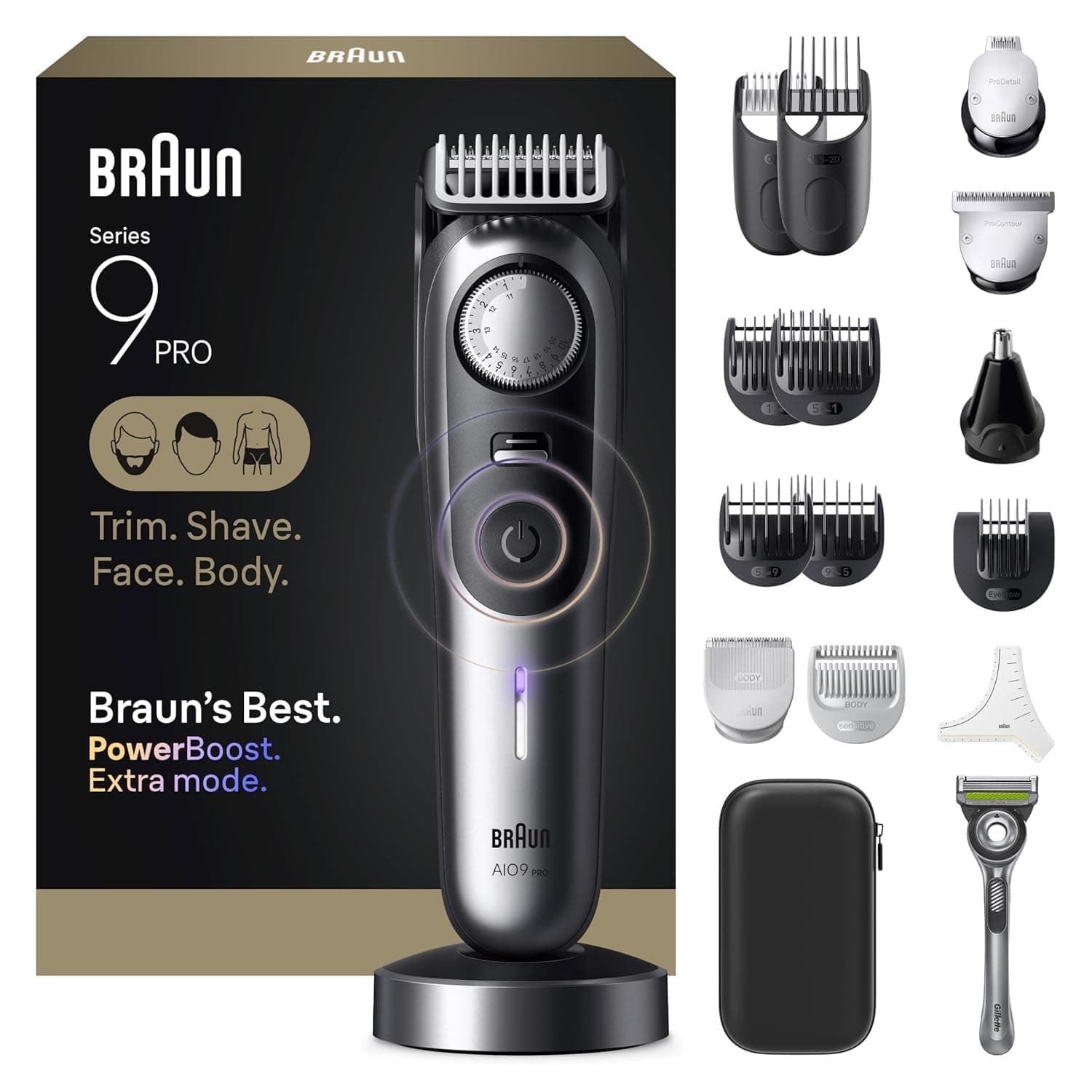 Braun All-in-One Series 9 PRO Men's Electric Beard Trimmer, Hair Clipper, Shaver & Razor for Face, Hair & Body, AIO 9570 with Gillette Labs Razor, Cordless