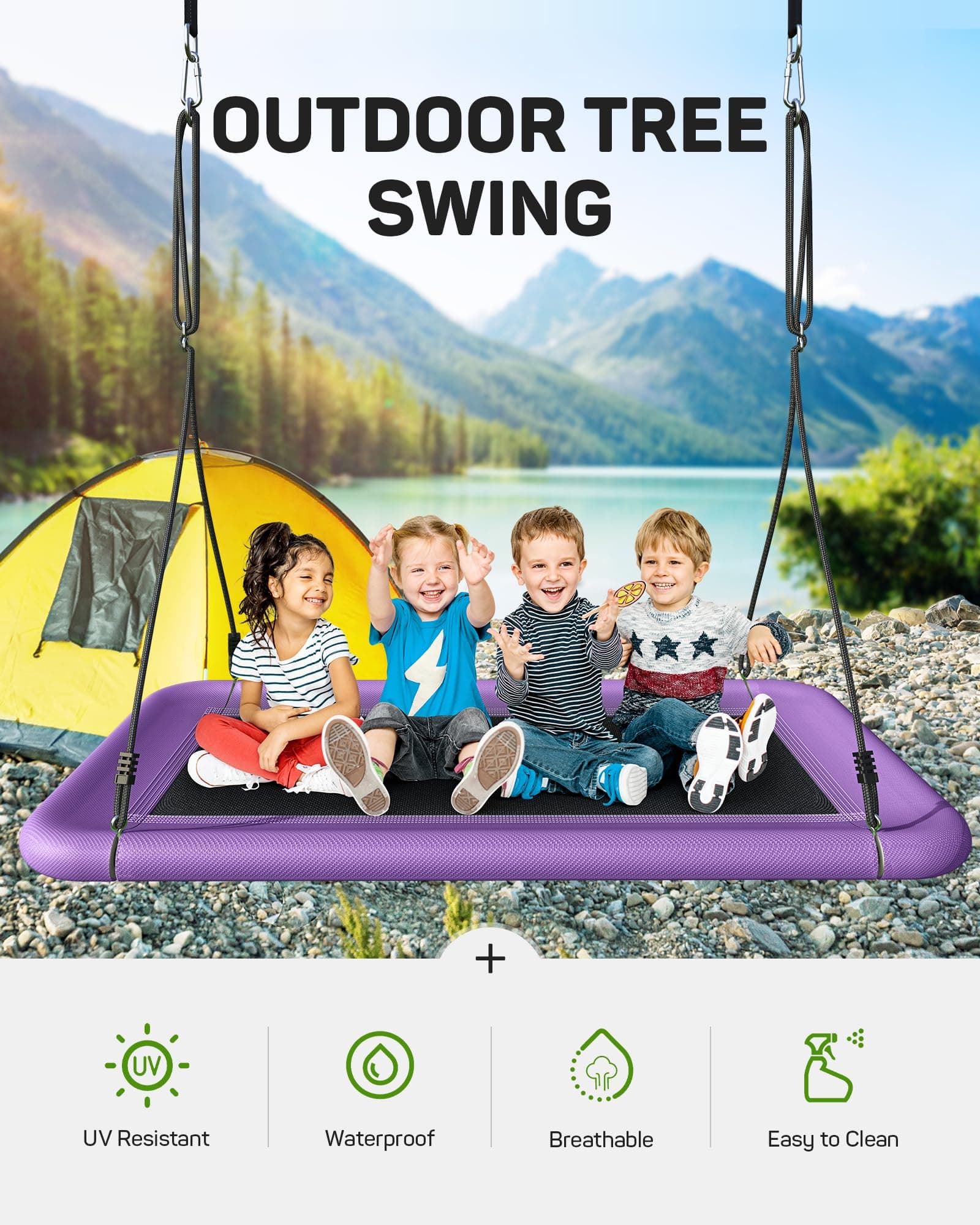 Everyfun Tree Swing for Kids and Adults, 60" Waterproof Rectangle Platform Swing, 700lbs Heavy Duty with Adjustable Straps, Purple, view 5
