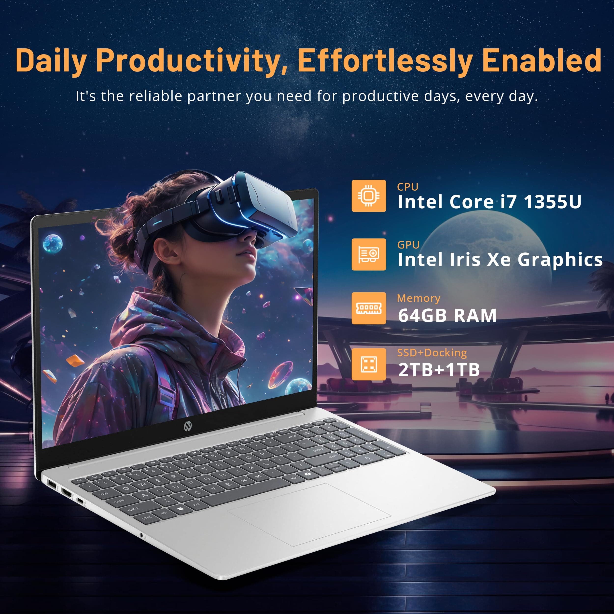 HP 15.6" FHD Touchscreen Business Laptop, Intel i7-1255U, 64GB RAM, 2TB PCIe SSD, Intel Iris Xe Graphics, Num Pad, Webcam, Windows 11 Pro, Natural Silver, 32GB Hotface USB Card, view 2