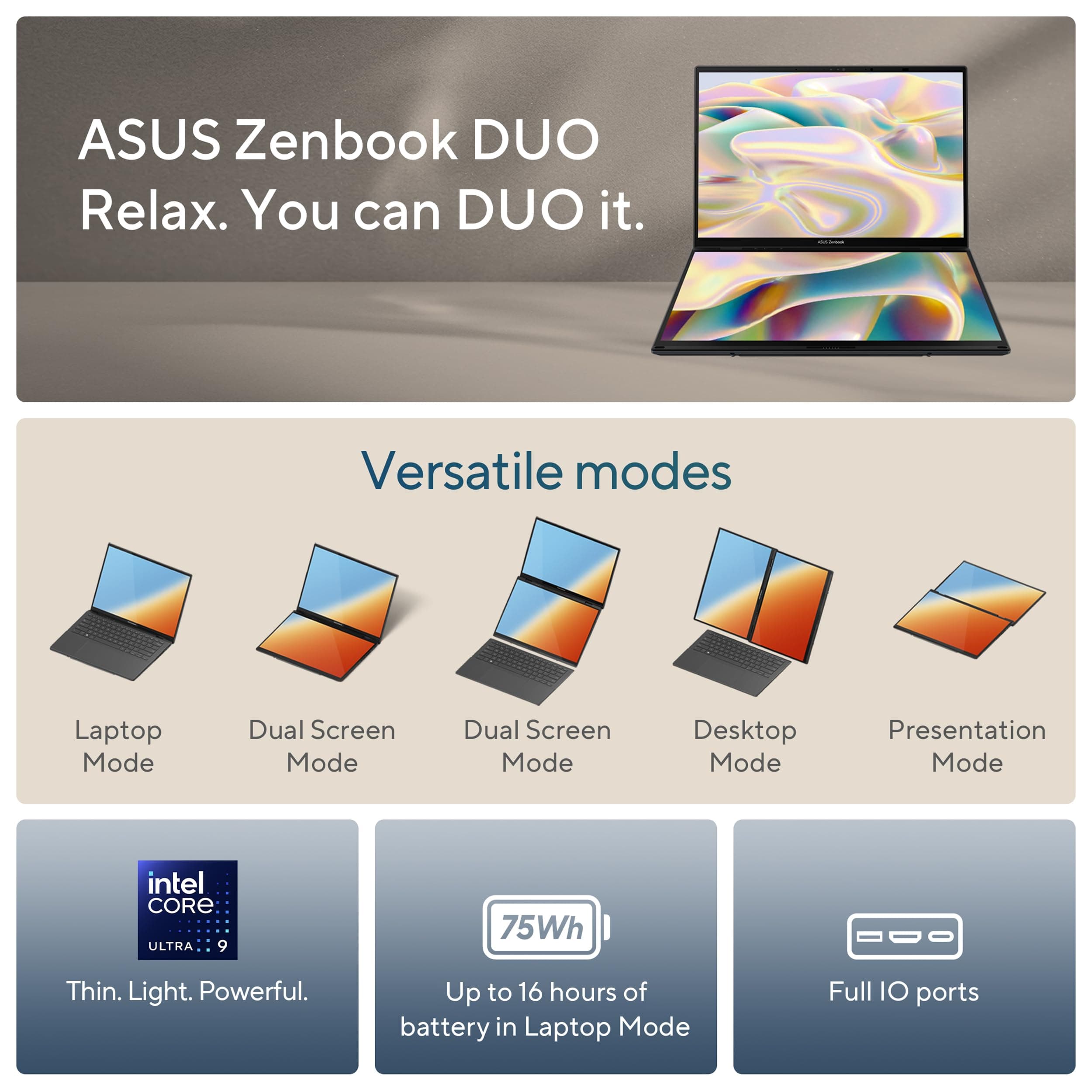 ASUS Zenbook Duo Laptop, Dual 14” OLED 3K 120Hz Touch Display, Evo, Intel Core Ultra 9 285H, Intel Arc Graphics, 32GB RAM, 1TB SSD, Windows 11, UX8406CA-PS99T, view 2