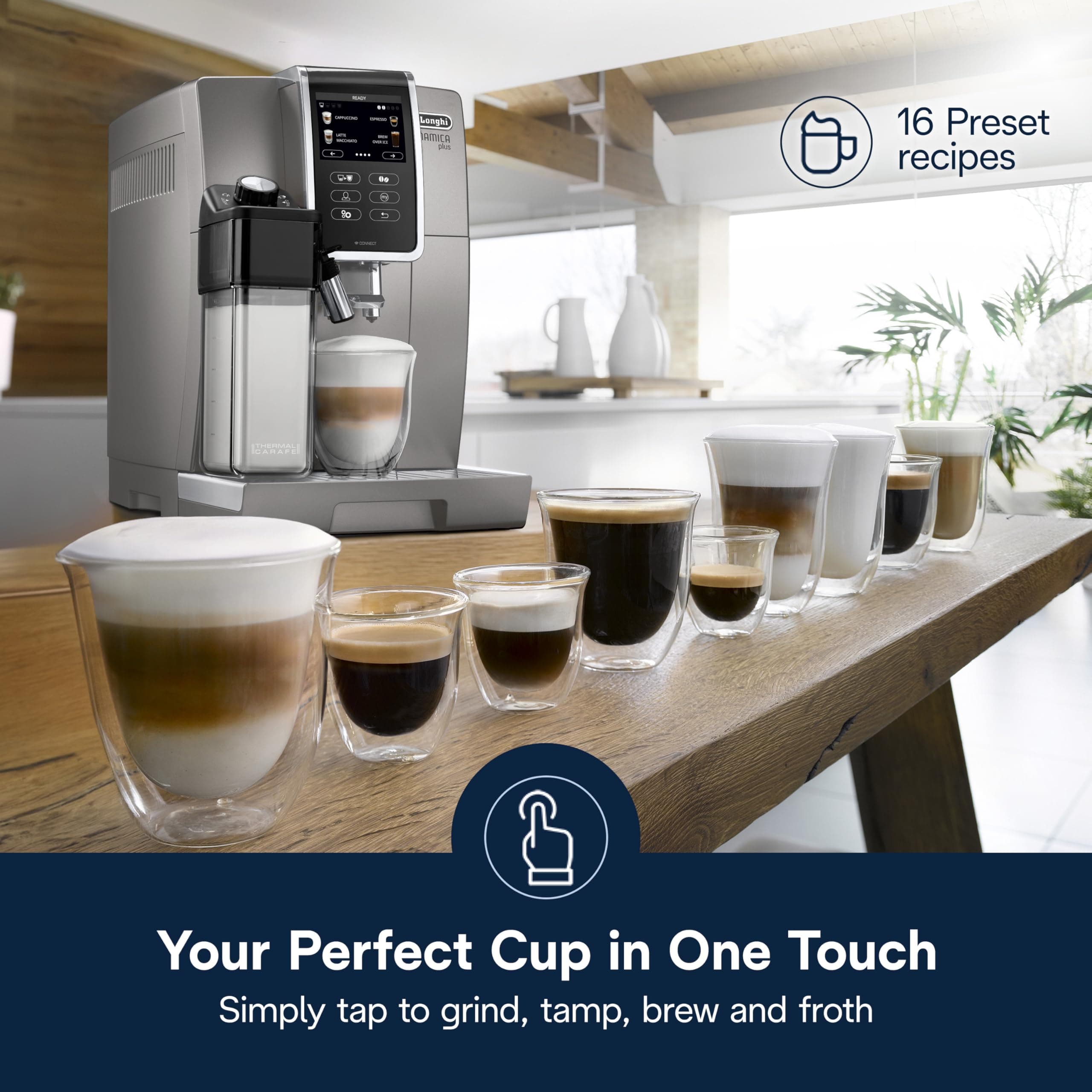 De'Longhi Dinamica Plus Connected Espresso & Coffee Machine with Automatic Milk Frother, 18 Recipes, Built in Grinder, App Compatible, LatteCrema Technology for Ideal Milk Texture, Color Touch Display, view 2