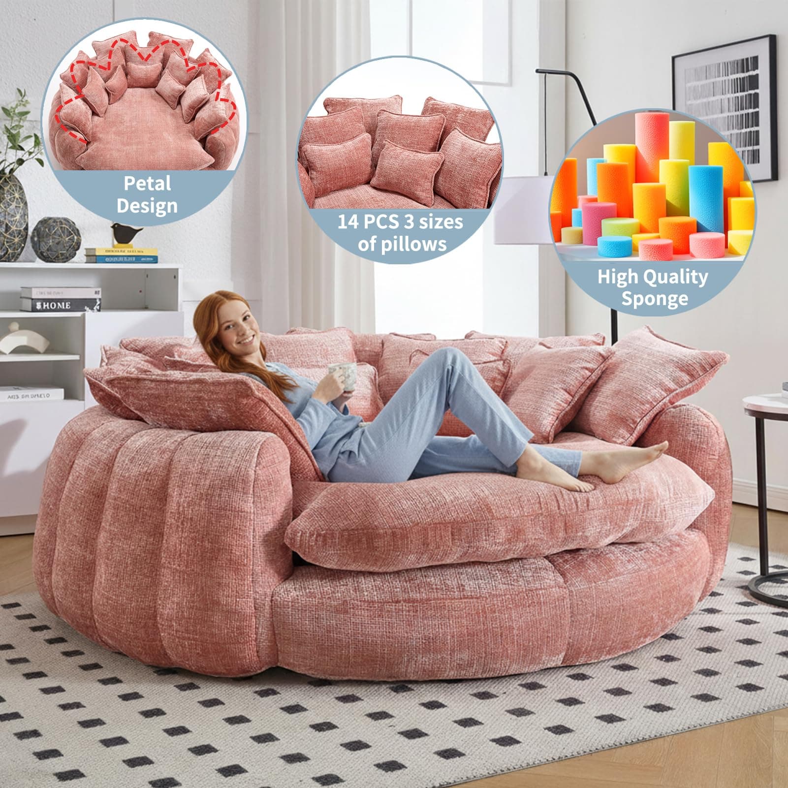 81" Oversized Round Sofa Bed, Large Chenille Bean Bag Chair, No Assembly Required Cloud Couch, Fluffy Plush Chaise Lounge Chair Indoor, Modern Sleeper Sofa with Deep Seat for Living Room (Pink), view 5