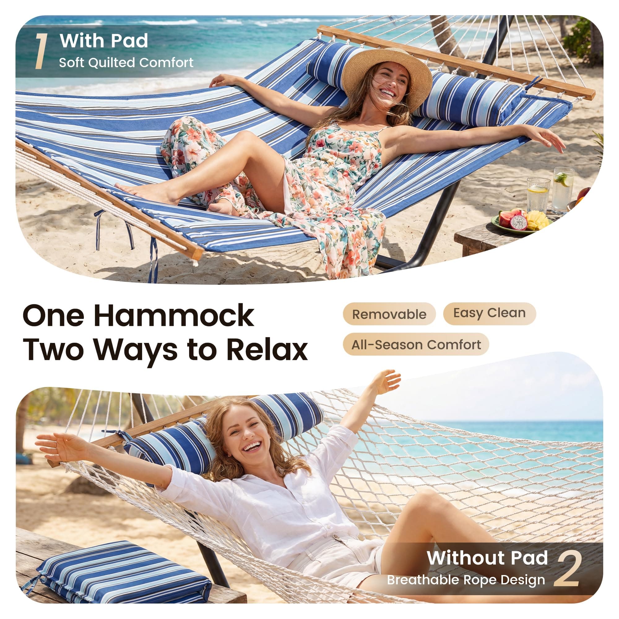 Everyfun 2 Person Hammock with Stand, Heavy Duty Double Cotton Rope Hammock with Removable Quilted Pad & Pillow, 500 LBS Adjustable Steel Frame, Tool-Free, Carry Bag for Outside Patio Yard, Blue, view 6
