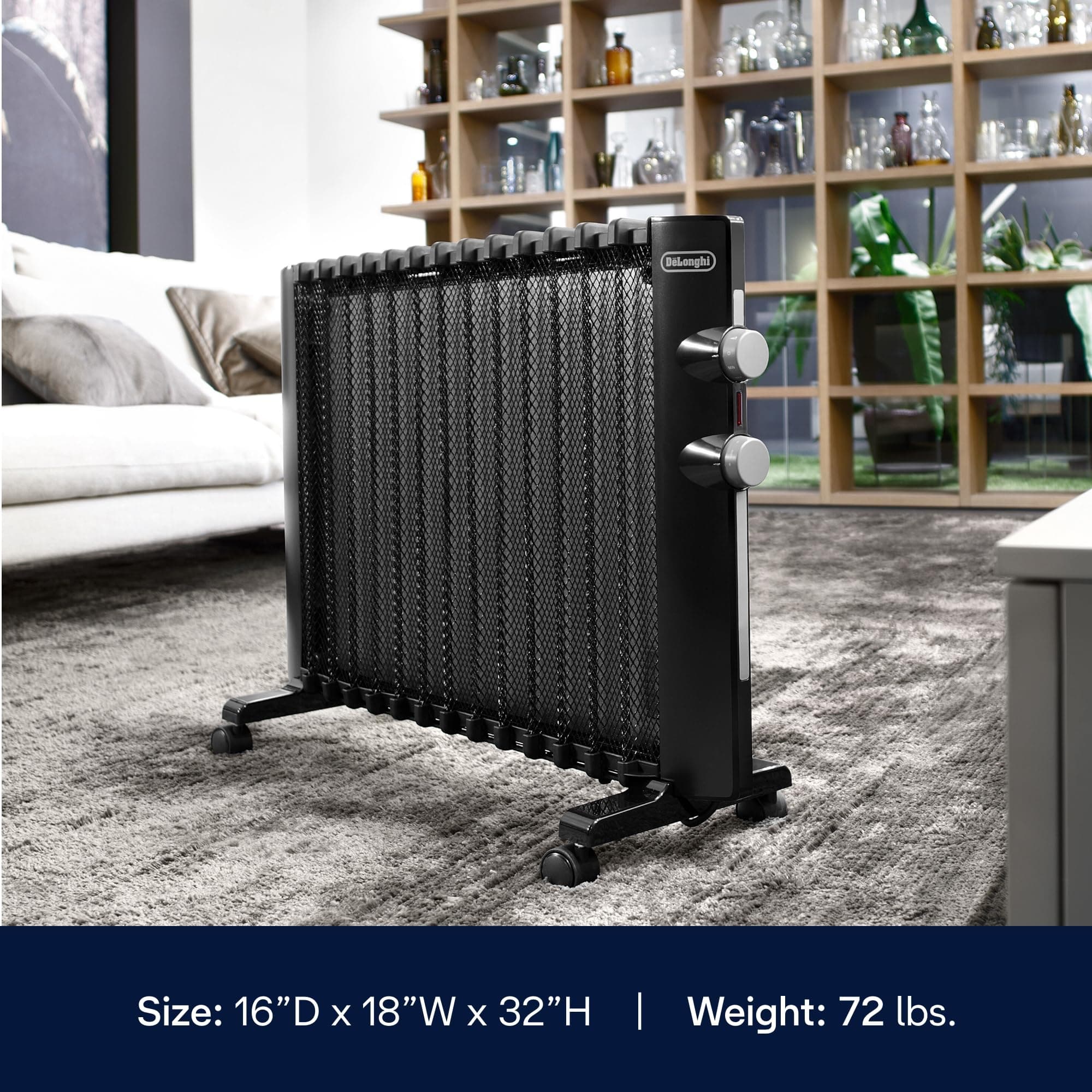 DeLonghi Mica Panel Space Heater, 1500W quiet electric space heater for indoor use, adjustable thermostat, freestanding/ easy wall mount, full room heating with built-in safety features, HMP1500 Black, view 5
