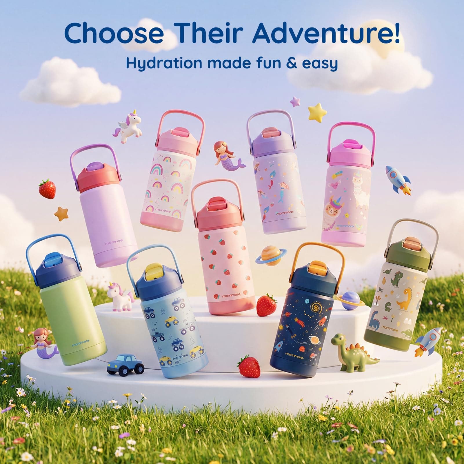 Mommore Kids Insulated Water Bottle with Soft Rubber Handle, 12oz Stainless Steel Thermos with Straw Lid, Leak Proof, Easy to Clean Design, Vacuum Small Canteen for School Boys Girls, Universe-1 Pc, view 9
