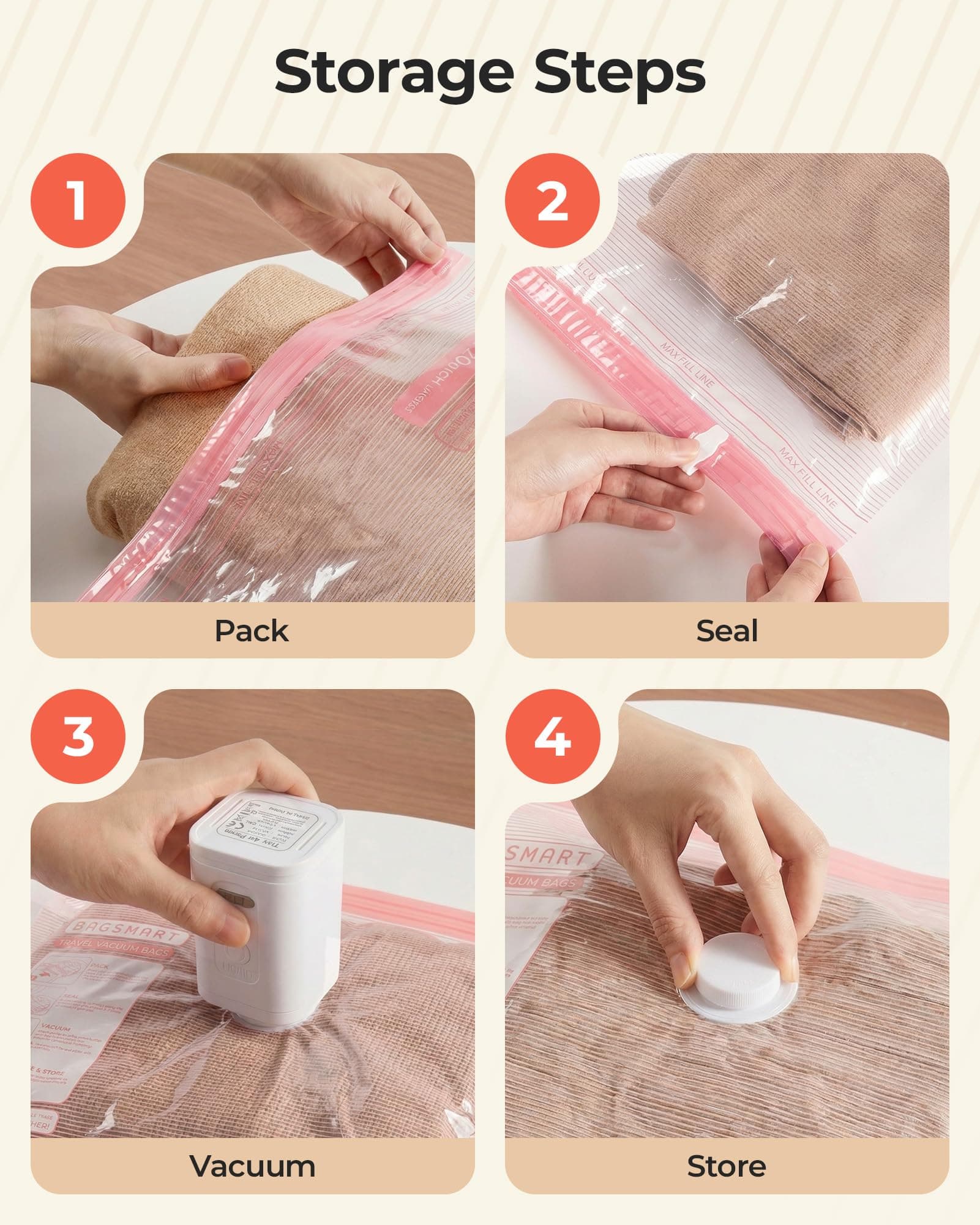 BAGSMART Vacuum Bags for Travel with Rechargeable Air Pump, Portable Space Saver Bags for Travel & Home, Vacuum Compression Seal Bag for Clothing, 18 Pack Pink with Shoe, Laundry & Toiletry Bags, view 7