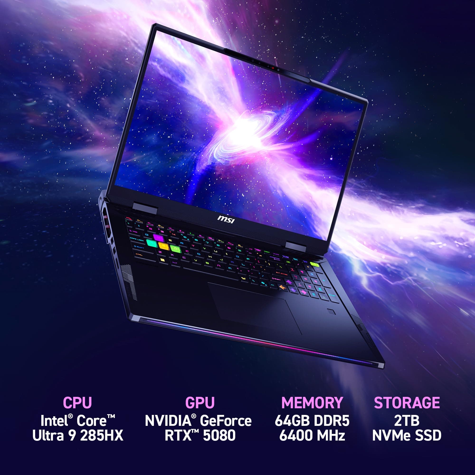 msi Raider 18 HX AI 18” 120Hz UHD+ Gaming Laptop: Intel Core U9-285HX, NVIDIA Geforce RTX 5080, 64GB DDR5, 4TB NVMe SSD, Thunderbolt 5, Wi-Fi 7, Win 11 Home: Black A2XWIG-014US, view 2