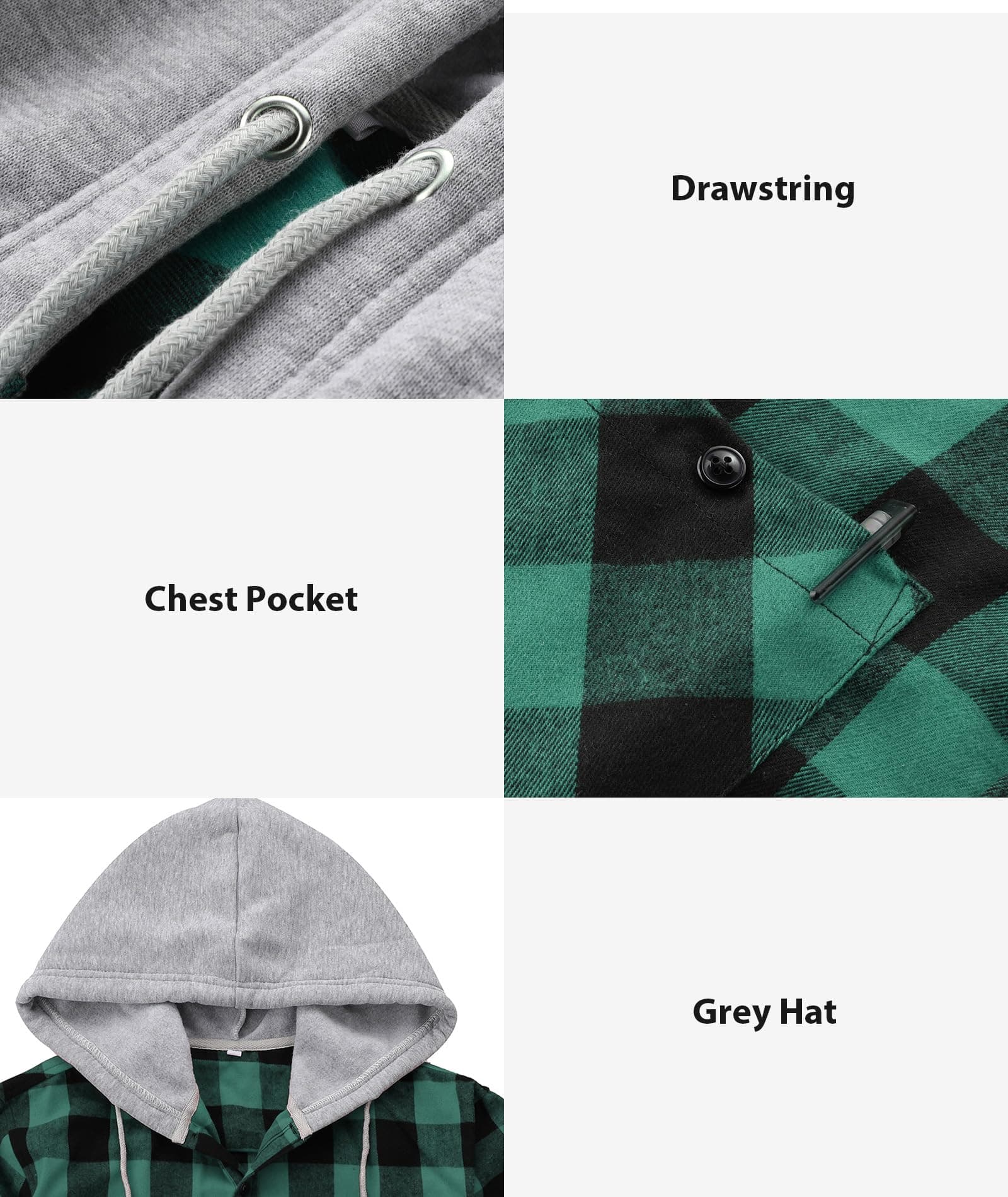 ZITY 3 Pack Men's Flannel Hoodie Shirts Long Sleeve Button Down Plaid Shirt, view 3