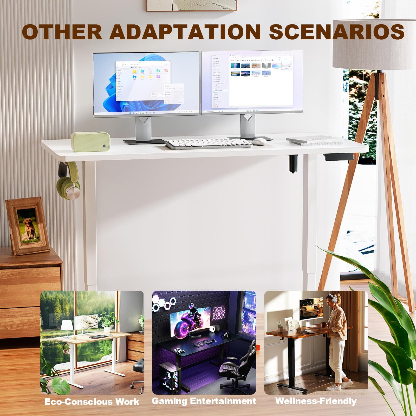 Veken 55 Inch Large Electric Standing Desk, Gaming Table, White, view 4