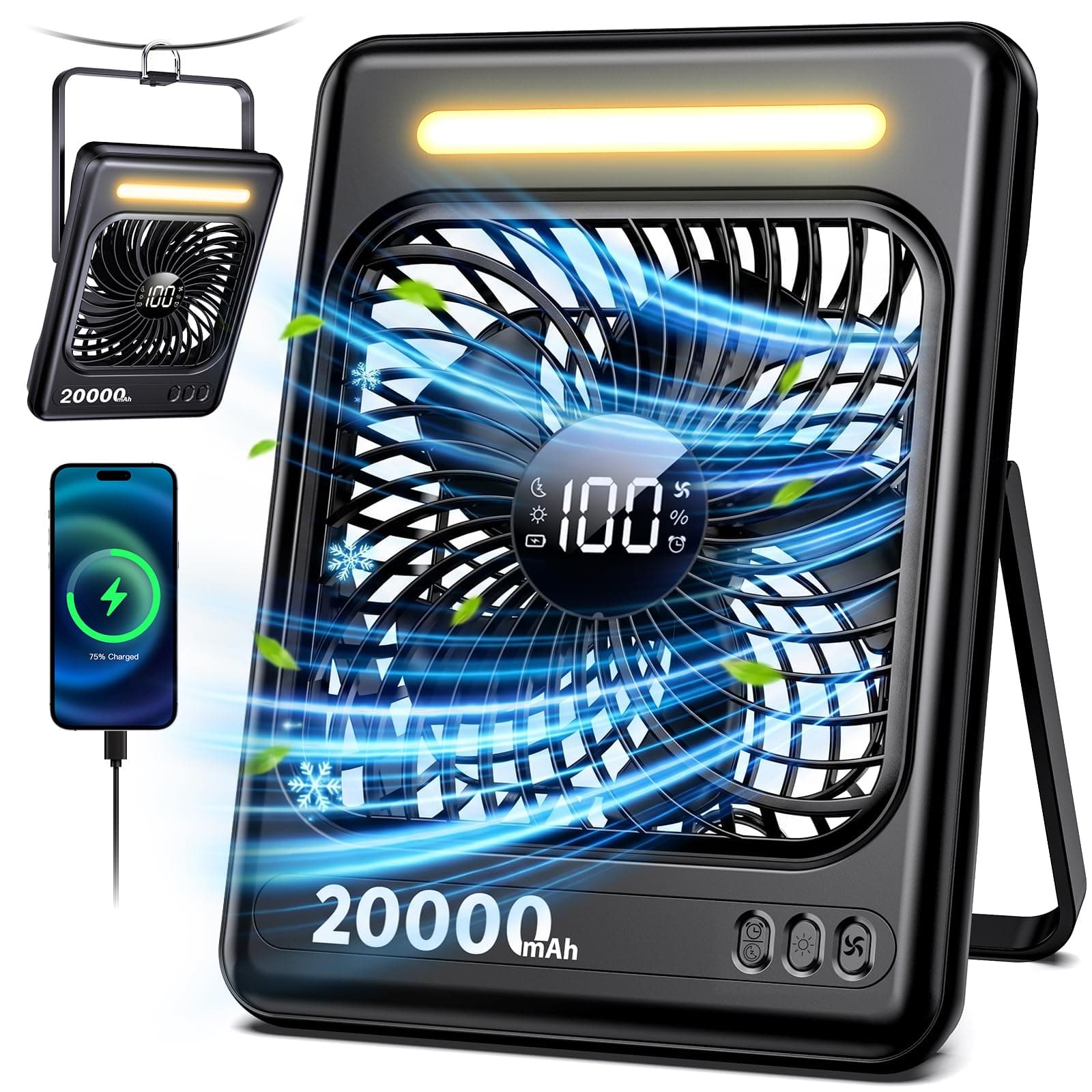 20000mAh Battery Powered Fan, Max 60H Runtime, Ultra-Slim Travel Fan, 5 Speeds Portable Rechargeable Fan with LED Lantern, 2/4/6/8 Timer Personal Camping Fan for Cruise Fishing Ship Tent Office Home