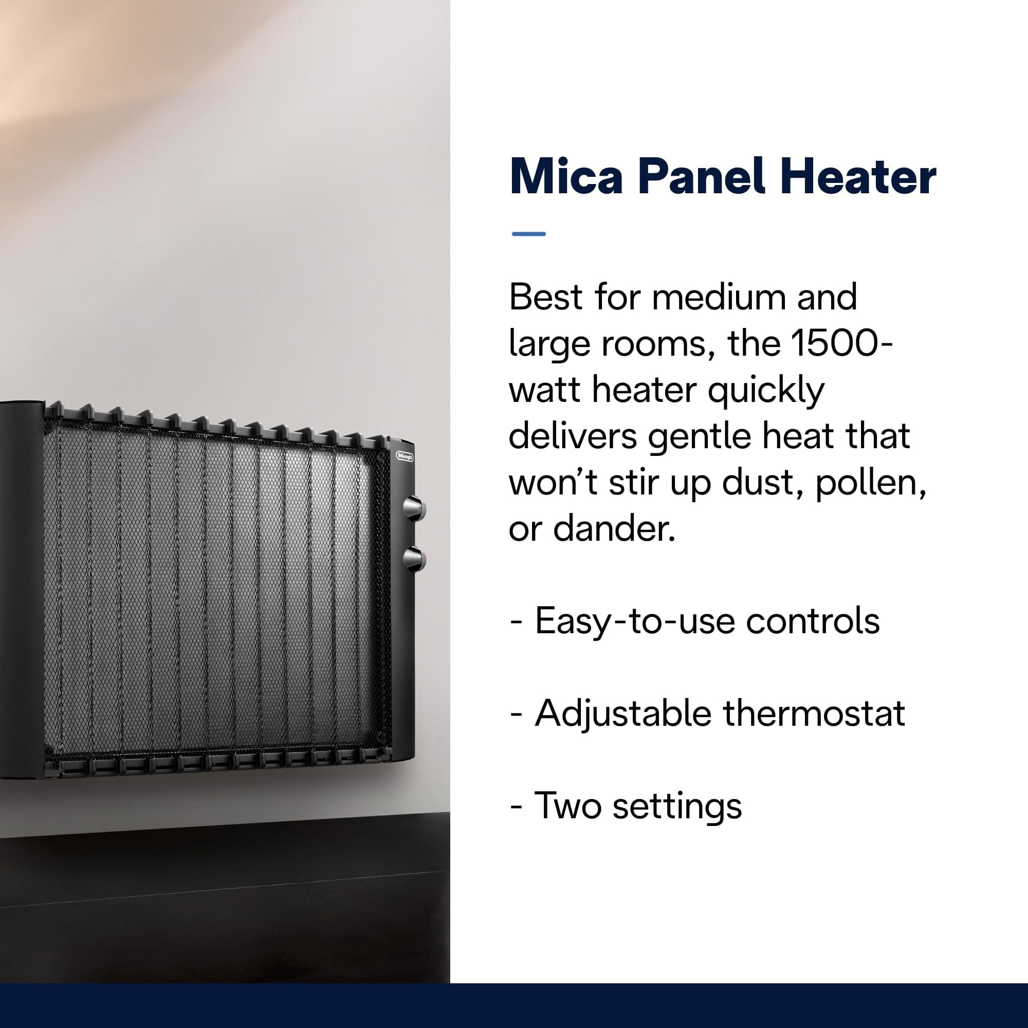 DeLonghi Mica Panel Space Heater, 1500W quiet electric space heater for indoor use, adjustable thermostat, freestanding/ easy wall mount, full room heating with built-in safety features, HMP1500 Black, view 2
