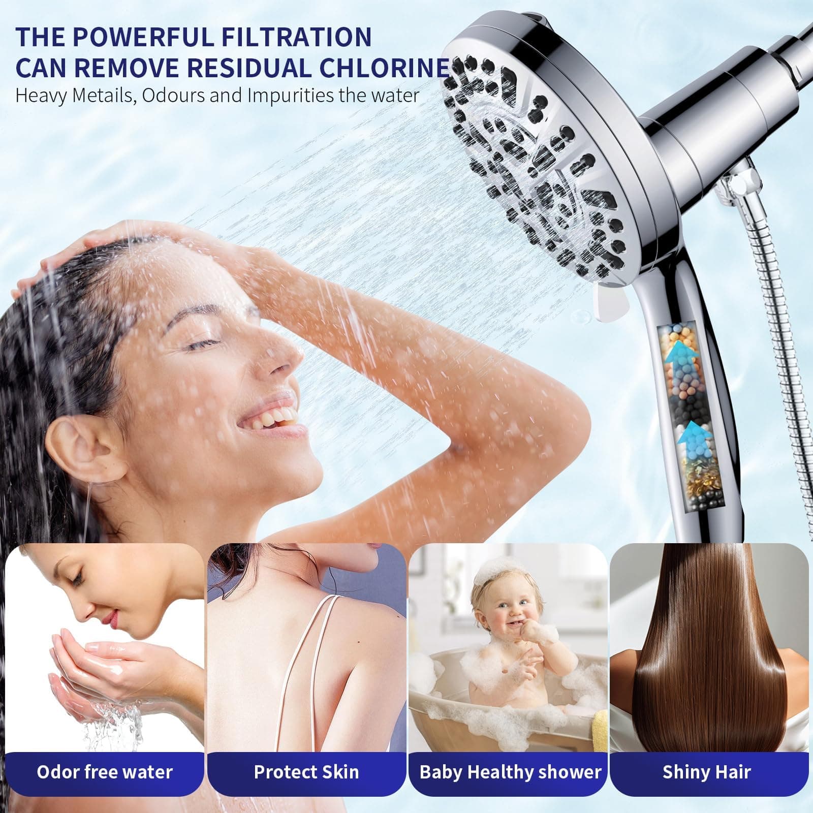 Magnetic Handheld Shower Head with Filter, High Pressure 10-Spray-Mode Detachable Shower Head with 60-Inch Hose, Powerful Hand Held Shower Head for Low Water Pressure(head,silver), view 3