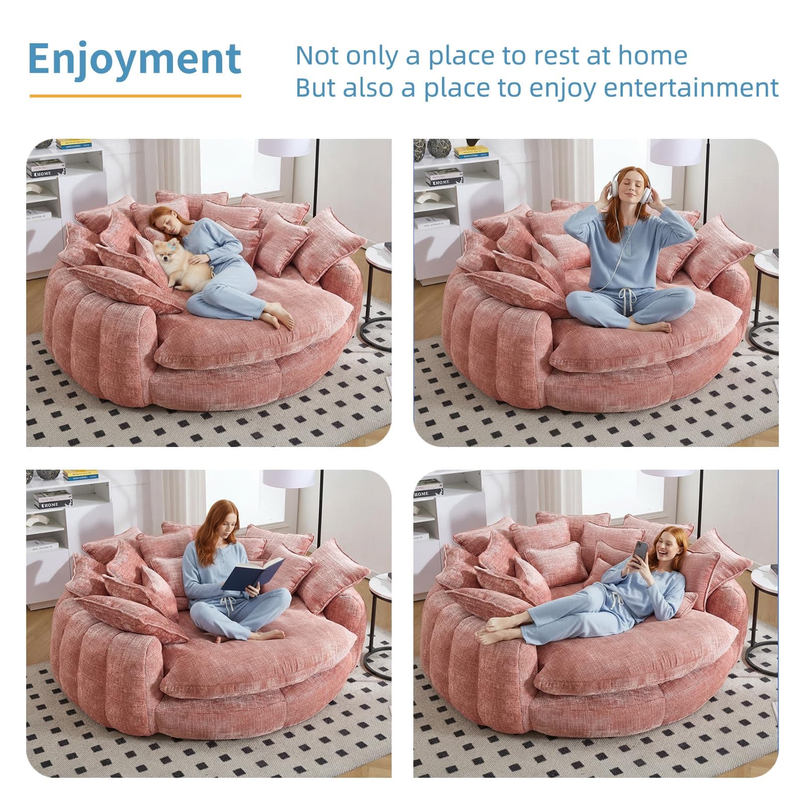 81" Oversized Round Sofa Bed, Large Chenille Bean Bag Chair, No Assembly Required Cloud Couch, Fluffy Plush Chaise Lounge Chair Indoor, Modern Sleeper Sofa with Deep Seat for Living Room (Pink), view 3