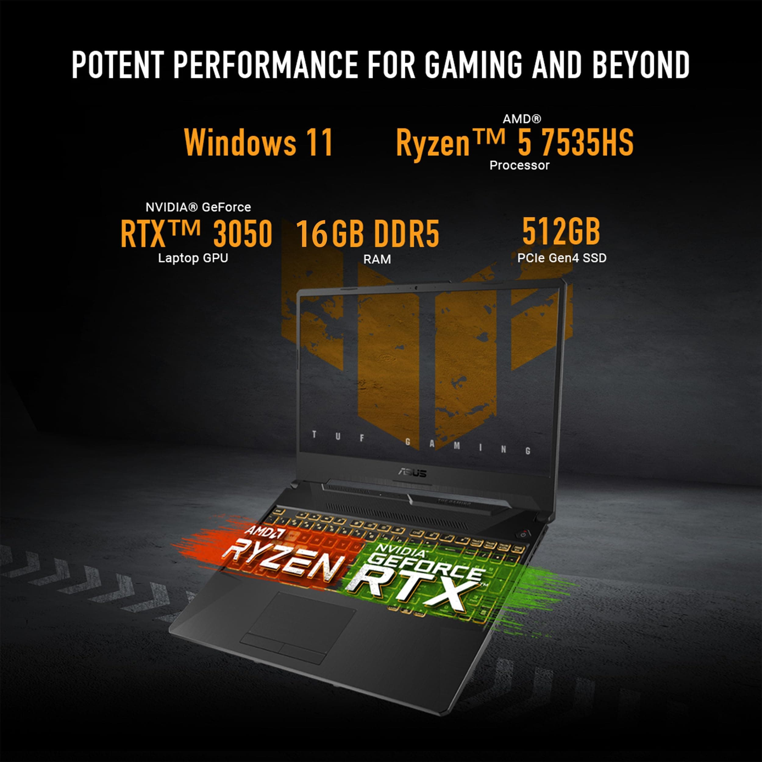 ASUS TUF Gaming A15 Gaming Laptop, 15.6” FHD 16:9 144Hz Display, AMD Ryzen™ 5 7535HS Processor, NVIDIA® GeForce RTX™ 3050, 16GB DDR5, 512GB PCIe® Gen 4.0 SSD, Wi-Fi 6, Windows 11 Home, FA506NC-DS53, view 2