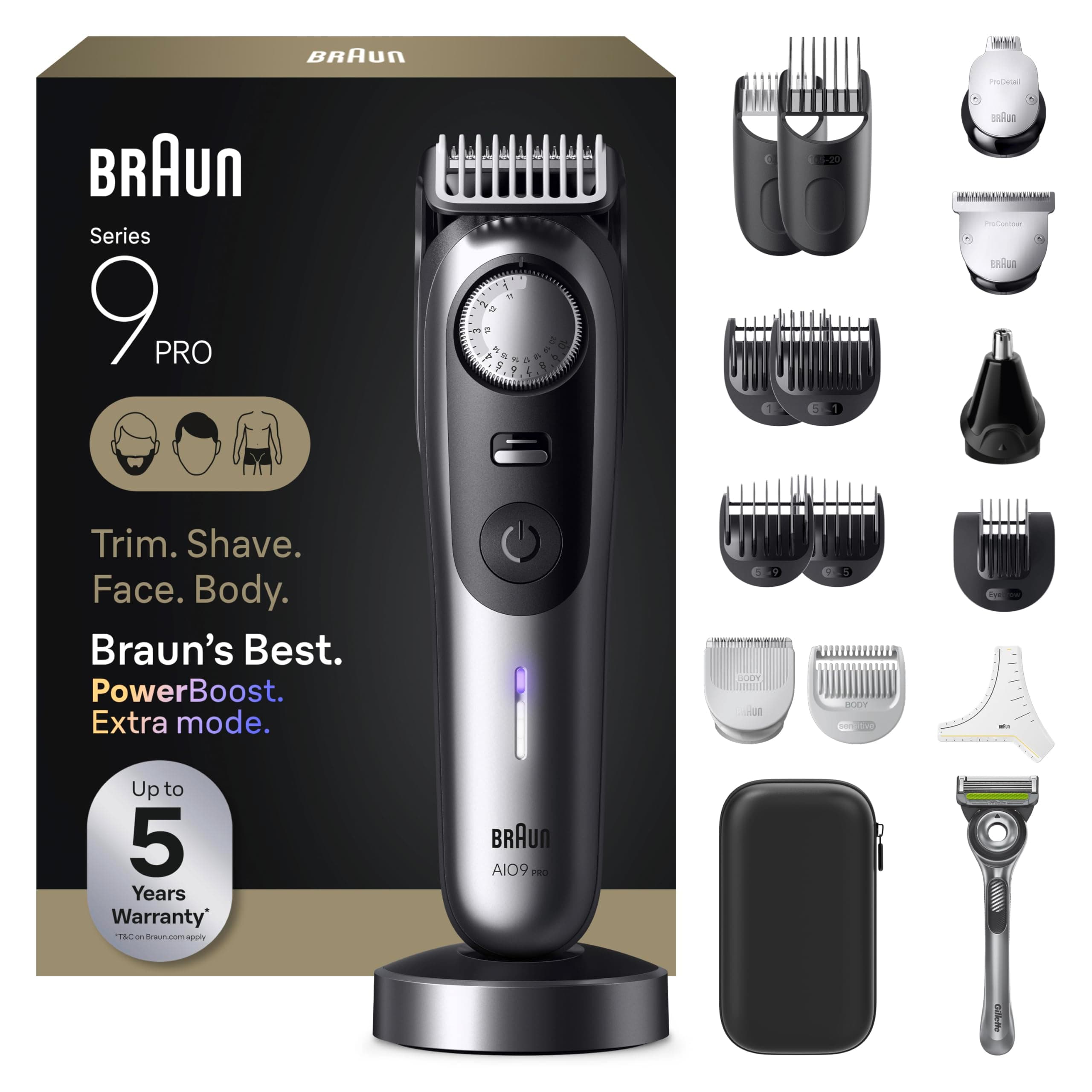 Braun All-in-One Series 9 PRO Men's Electric Beard Trimmer, Hair Clipper, Shaver & Razor for Face, Hair & Body, AIO 9570 with Gillette Labs Razor, Cordless