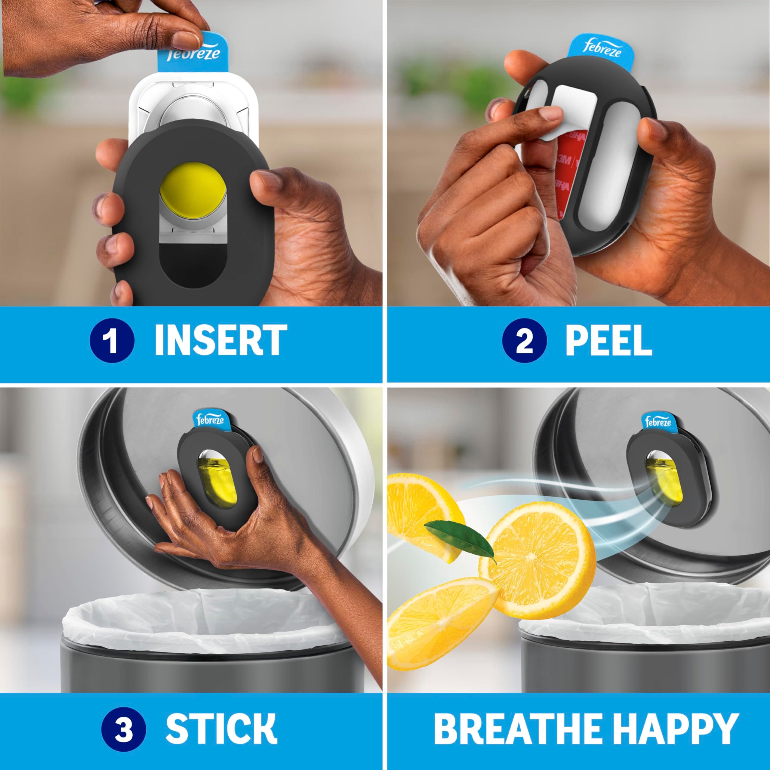 Febreze Trash Can Odor Fighter, Can Air Freshener, Stick-On Deodorizer for Garbage Cans, Diaper Pails, Works with Scented Bags, Fresh Lemon and Linen & Sky Scents, 2 Holders + 2 Refills, view 5
