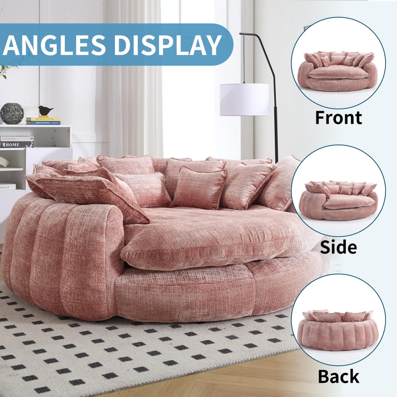 81" Oversized Round Sofa Bed, Large Chenille Bean Bag Chair, No Assembly Required Cloud Couch, Fluffy Plush Chaise Lounge Chair Indoor, Modern Sleeper Sofa with Deep Seat for Living Room (Pink), view 6