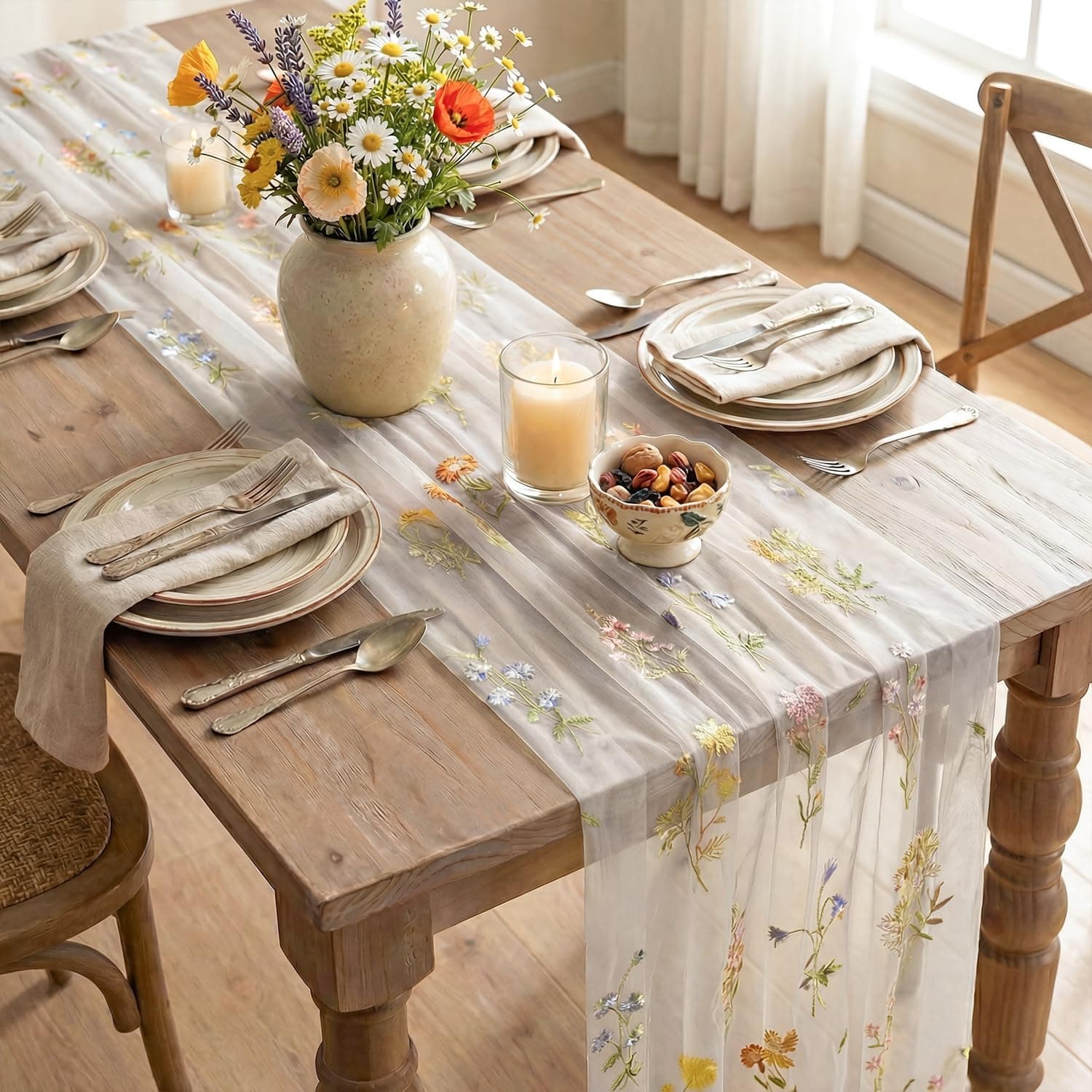 Artoid Mode 3PC Wildflower Floral Milky White Gauze Embroidery Table Runner 120 Inch 10FT, Tulle Seasonal Spring Kitchen Dining Table Decor for Home Party, view 6