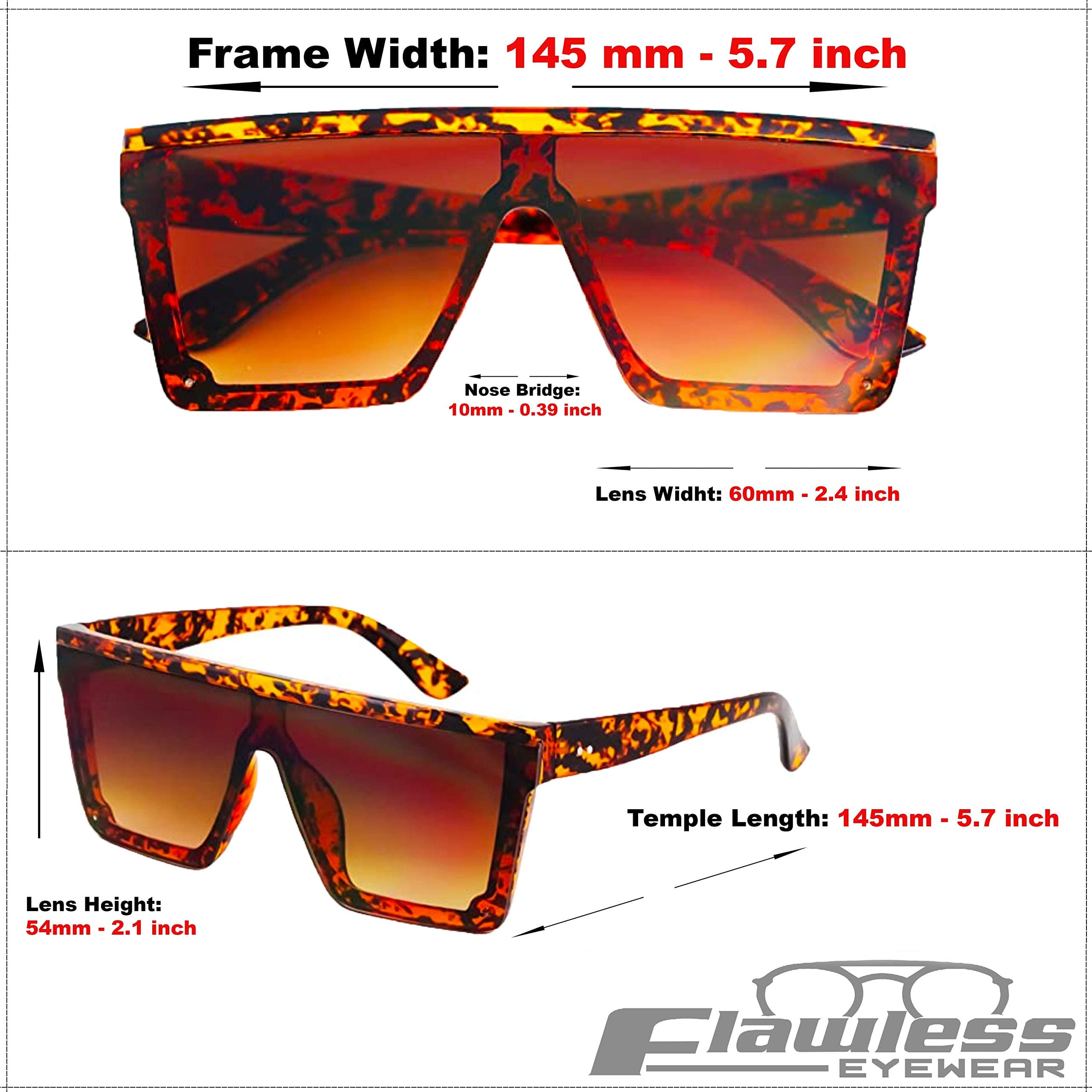 Flawless - Fashion Brand Design Flat Top Oversized Frame Siamese Lens Semi-Rimless Men Women Sunglasses (Tortoise), view 5