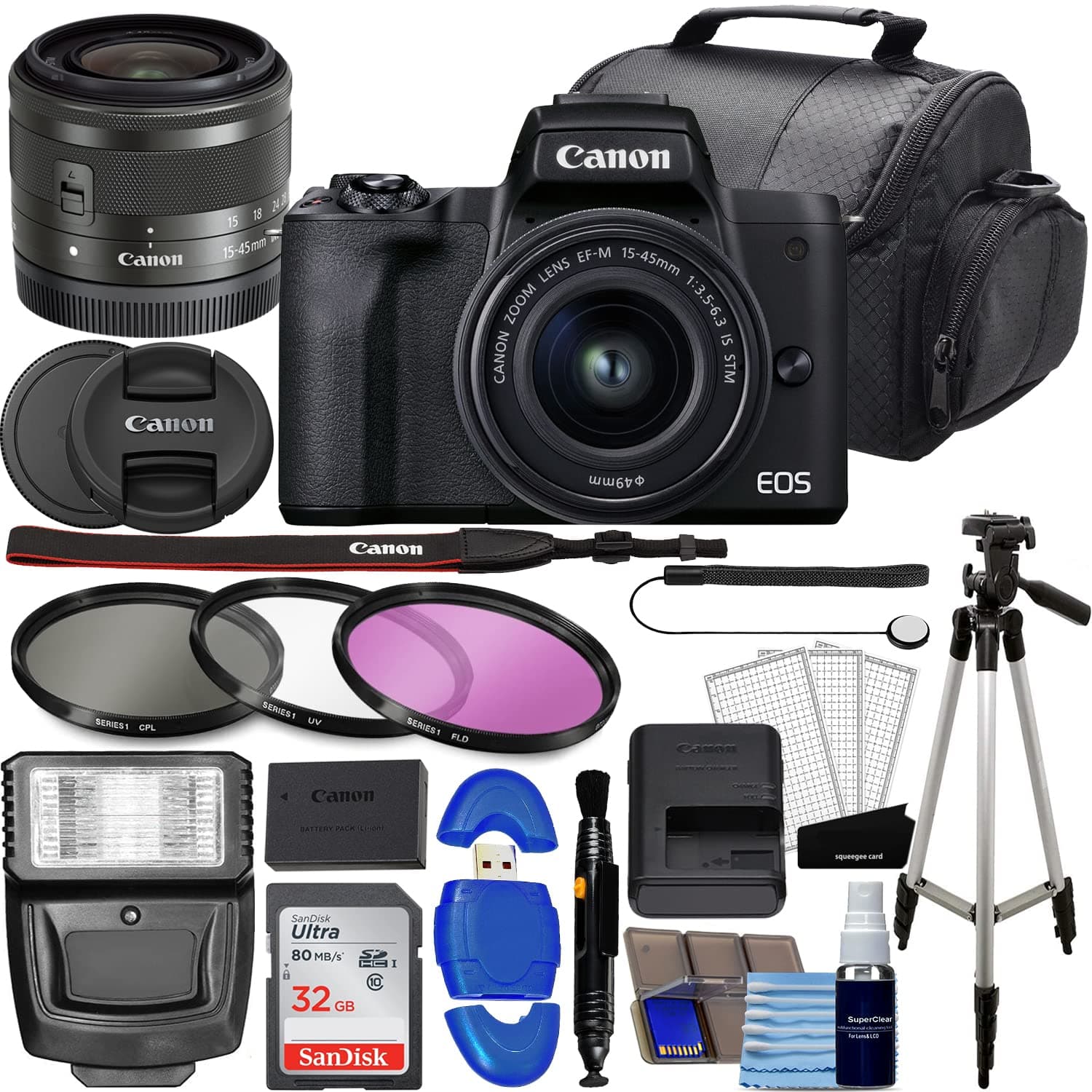 Canon EOS M50 Mark II Mirrorless Digital SLR with 15-45mm Lens Kit (Black) + 32GB Memory Card + 3 Piece Filter Kit, Tripod, Flash + Photography Bundle