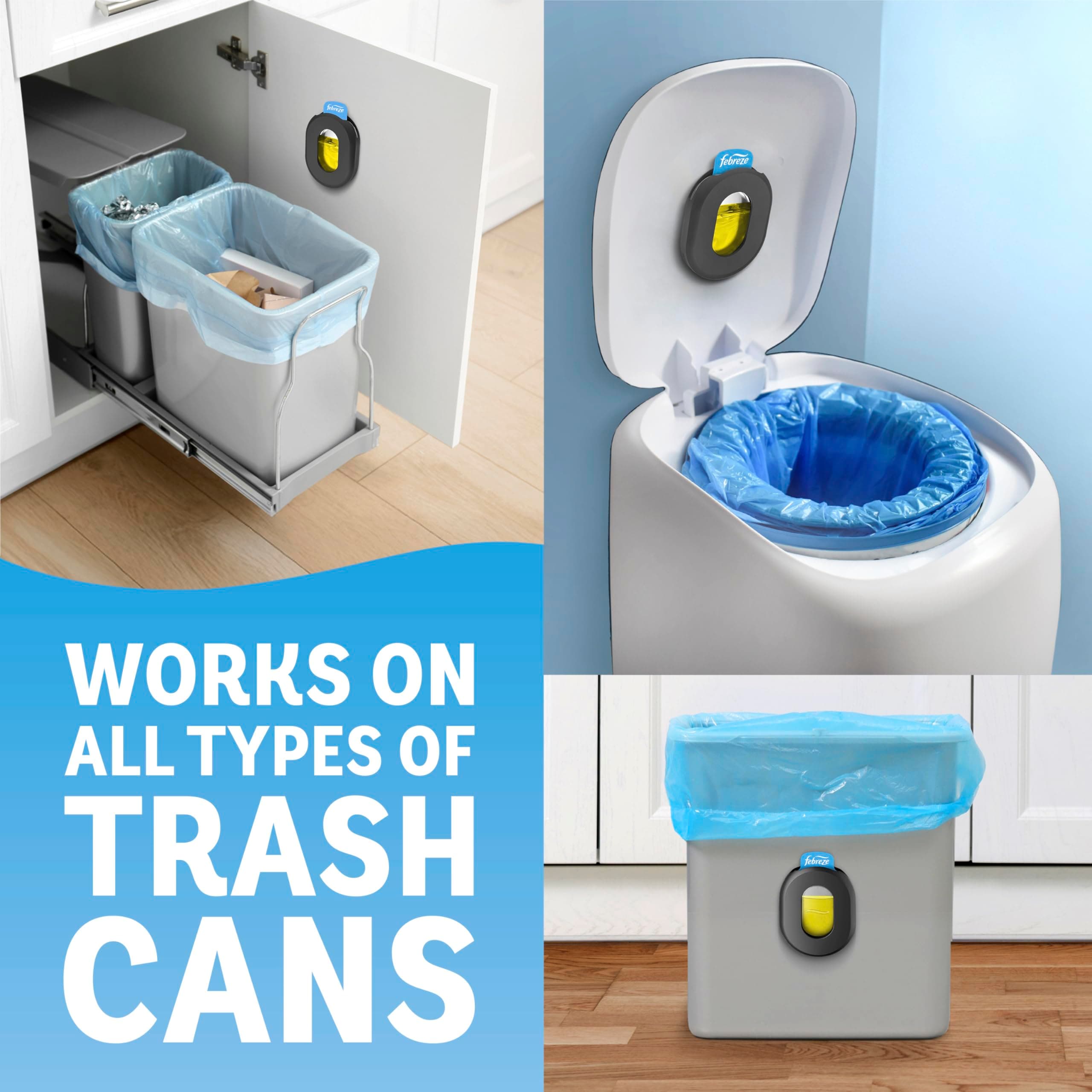 Febreze Trash Can Odor Fighter, Can Air Freshener, Stick-On Deodorizer for Garbage Cans, Diaper Pails, Works with Scented Bags, Fresh Lemon and Linen & Sky Scents, 2 Holders + 2 Refills, view 7