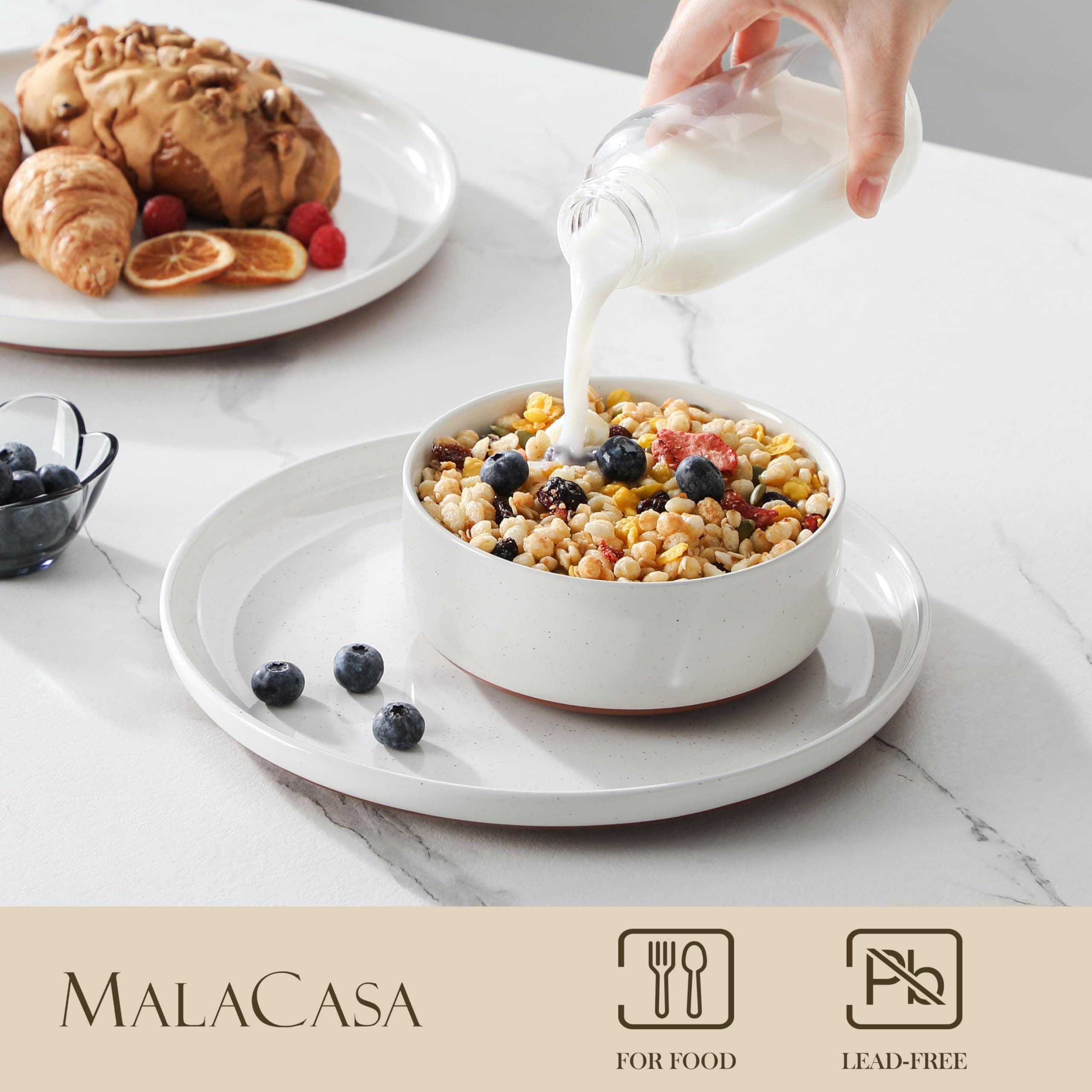 MALACASA Plates and Bowls Sets, 12 Pieces Modern Stoneware Dinnerware Set for 4 Kitchen Dinner Set Ceramic Dishware Dishes Set Microwave and Dishwasher Safe, White, Series TARA, view 3