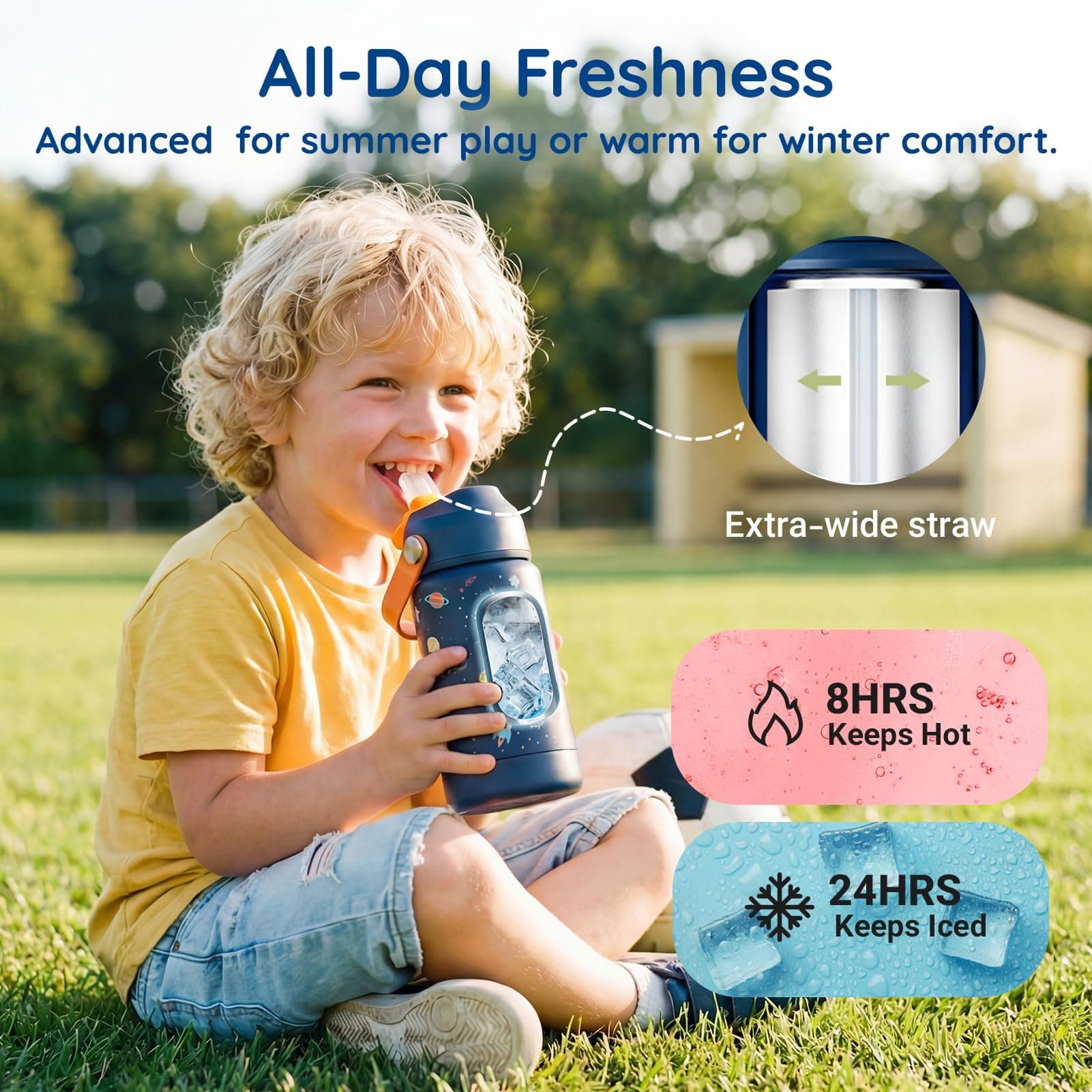 Mommore Kids Insulated Water Bottle with Soft Rubber Handle, 12oz Stainless Steel Thermos with Straw Lid, Leak Proof, Easy to Clean Design, Vacuum Small Canteen for School Boys Girls, Universe-1 Pc, view 3