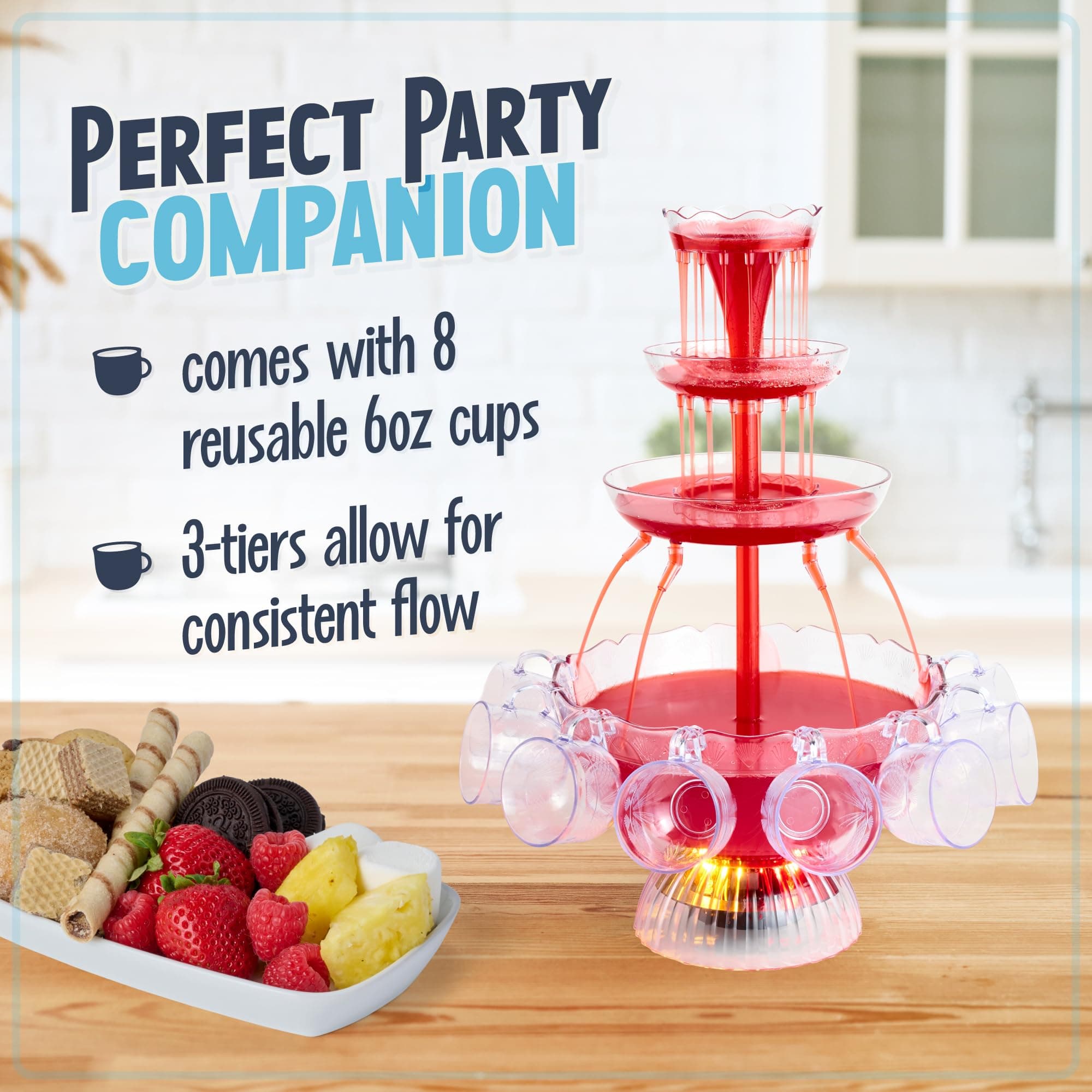 Nostalgia 3-Tier Party Fountain, Holds 1.5 Gallons, LED Lighted Base, Includes 8 Reusable Cups, 1.5 Gallon, Clear, view 3