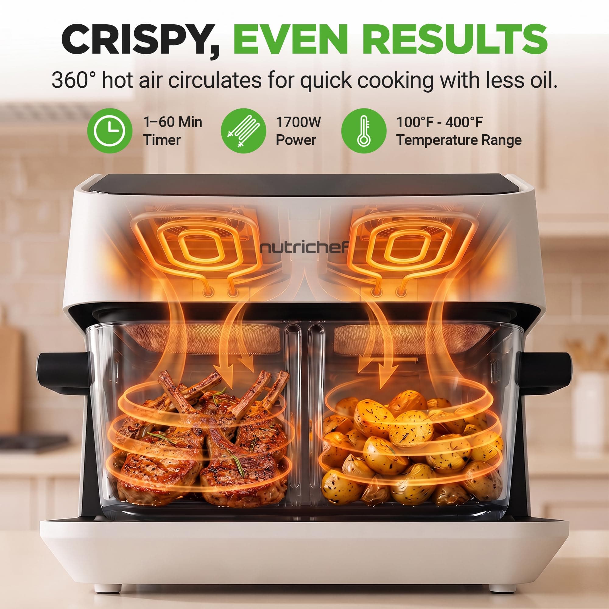 NutriChef 8.5 Quart Family Size Double Glass Basket Air Fryer | 8-in-1 Preset Dual Cook Modes | Glass Fry Bowls for Best Cooking | Cook Steak, Fries & More | Adjustable Temperature & Timer | White, view 4
