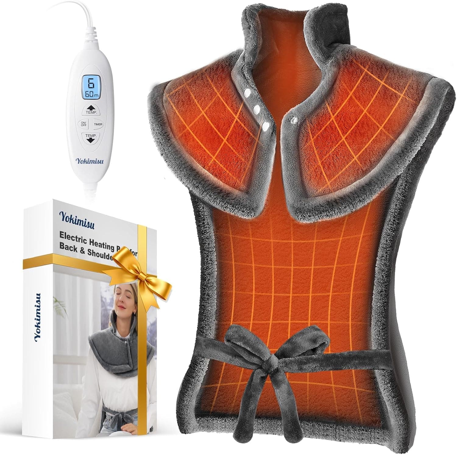 Yokimisu Heating Pad for Neck, Shoulders and Back Pain Relief, 2.5lb Weighted Large 24"x33" Wearable Electric Heating Pad, Fast Heating, ETL Certified, Gift for Women and Men, Ideal for Mom & Dad-Grey, TickClip Clip verdict