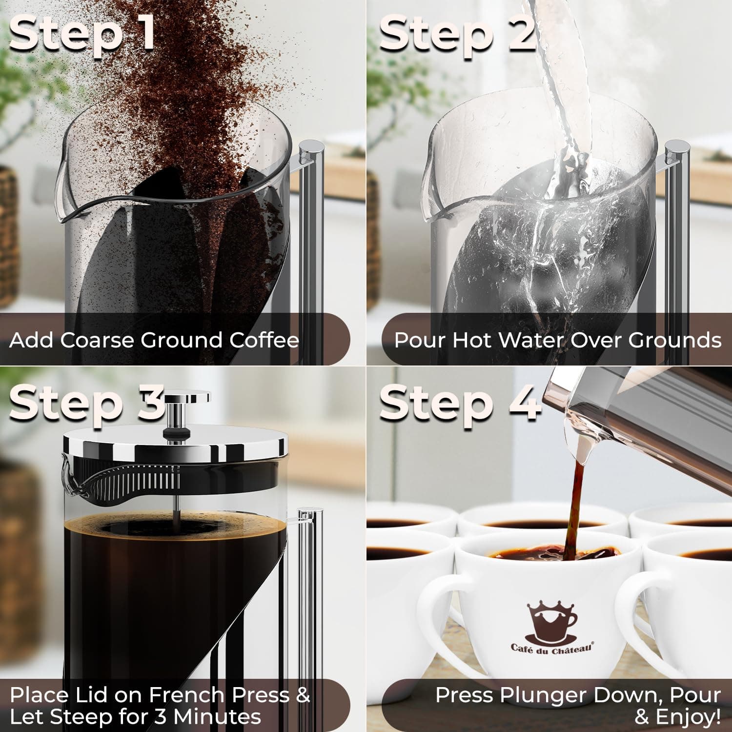 Cafe Du Chateau French Press Coffee Maker, 34 oz Glass, Stainless Steel, view 5
